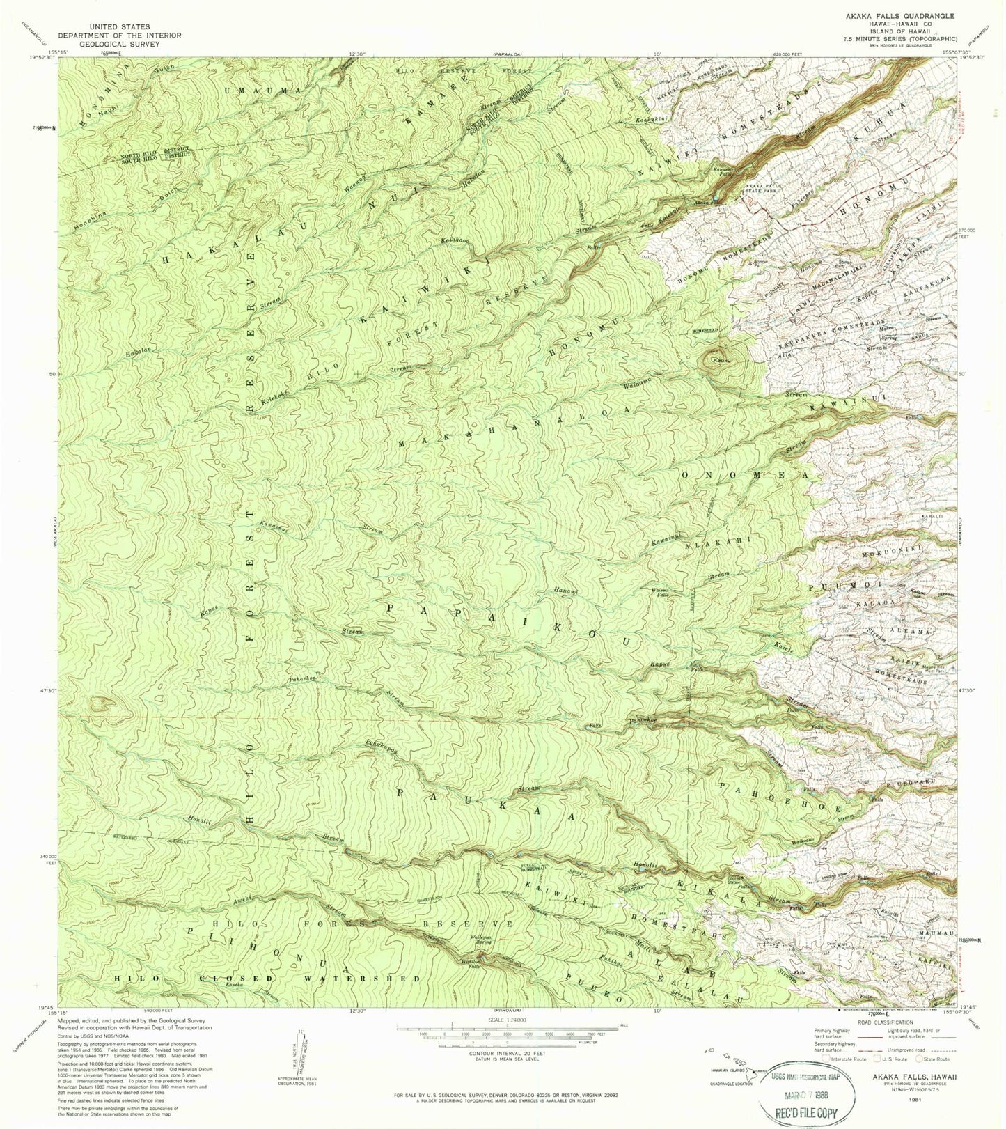 Classic USGS Akaka Falls Hawaii 7.5'x7.5' Topo Map Image