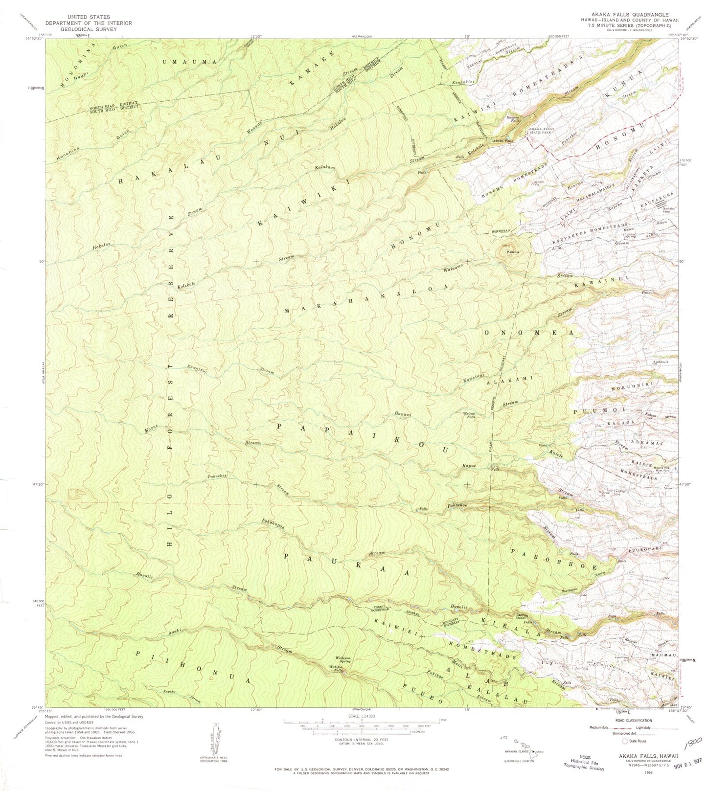 Classic USGS Akaka Falls Hawaii 7.5'x7.5' Topo Map Image