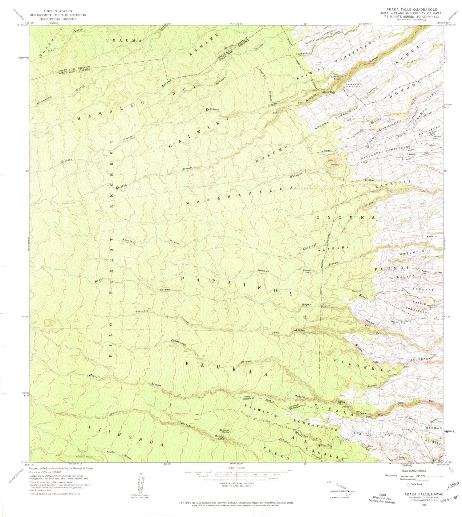 Classic USGS Akaka Falls Hawaii 7.5'x7.5' Topo Map Image