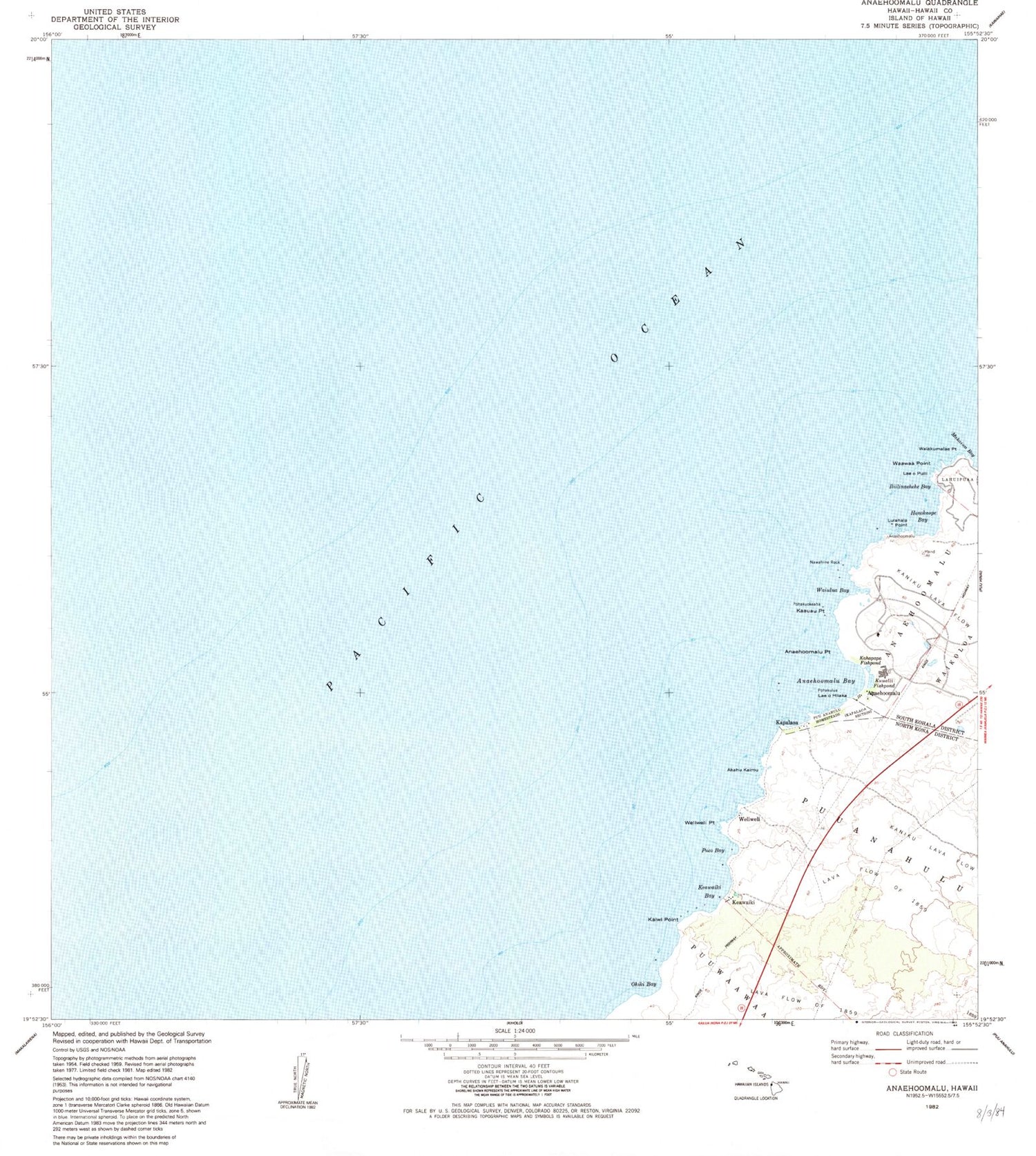 Classic USGS Anaehoomalu Hawaii 7.5'x7.5' Topo Map Image