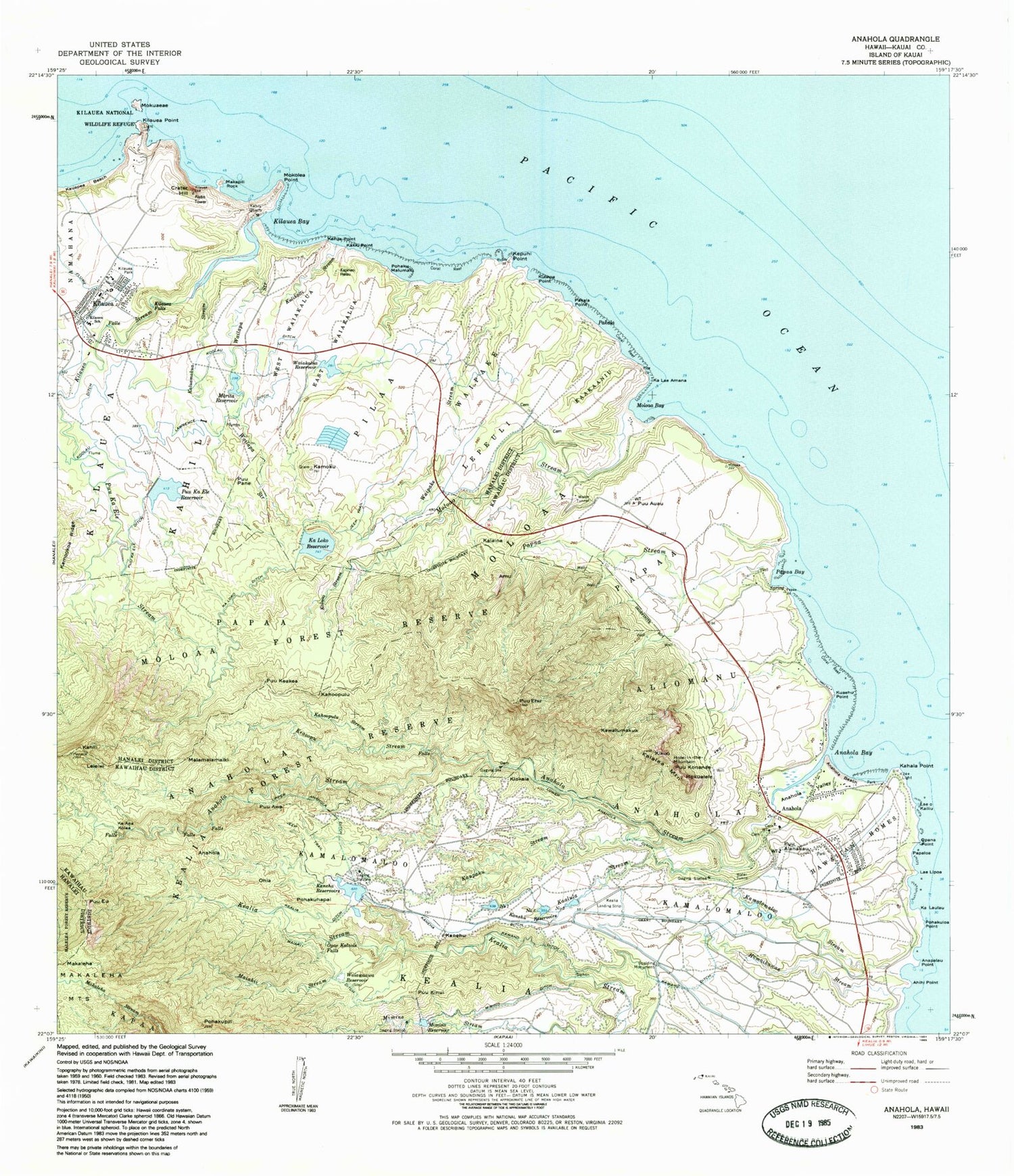 Classic USGS Anahola Hawaii 7.5'x7.5' Topo Map Image