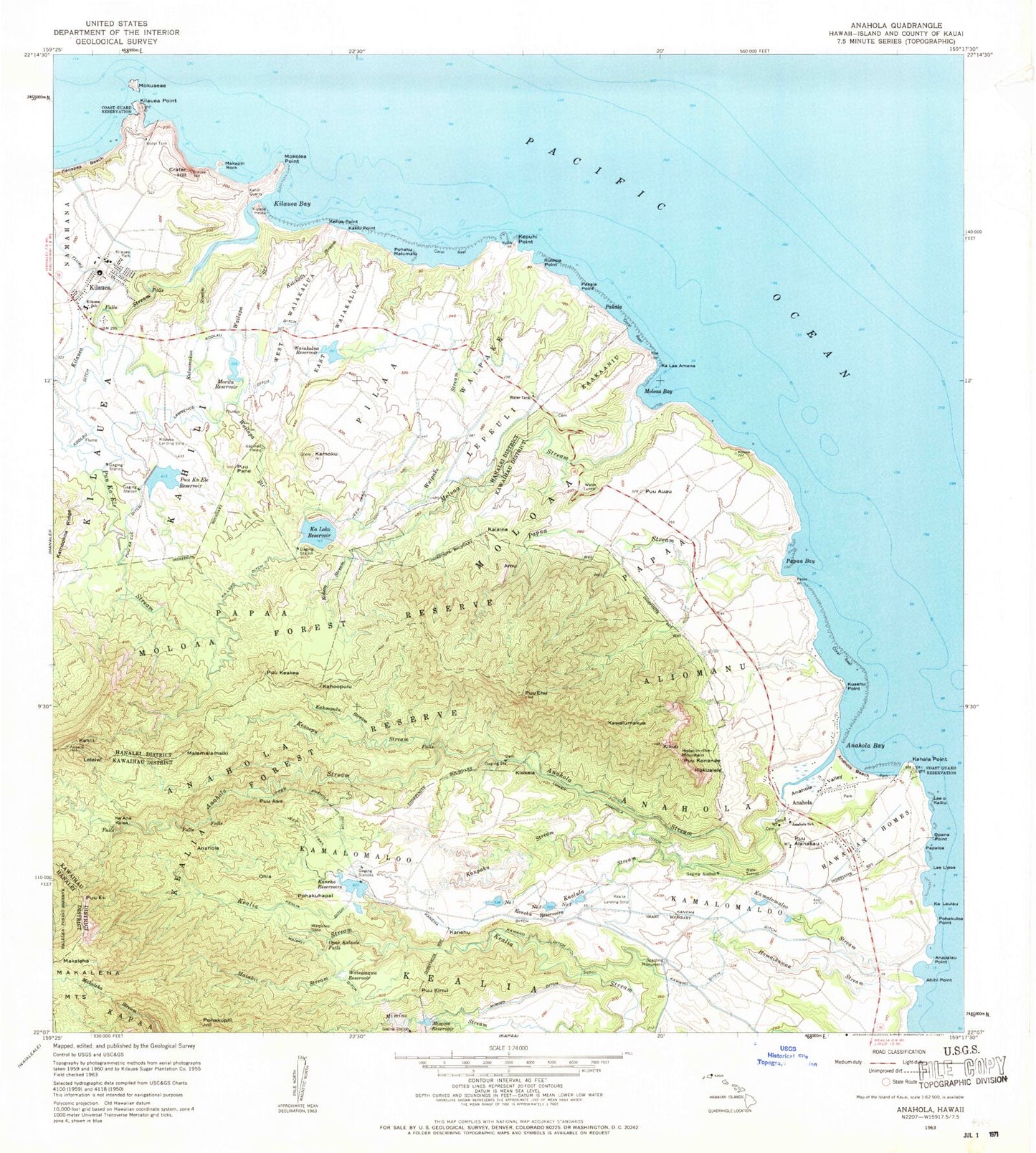 Classic USGS Anahola Hawaii 7.5'x7.5' Topo Map Image