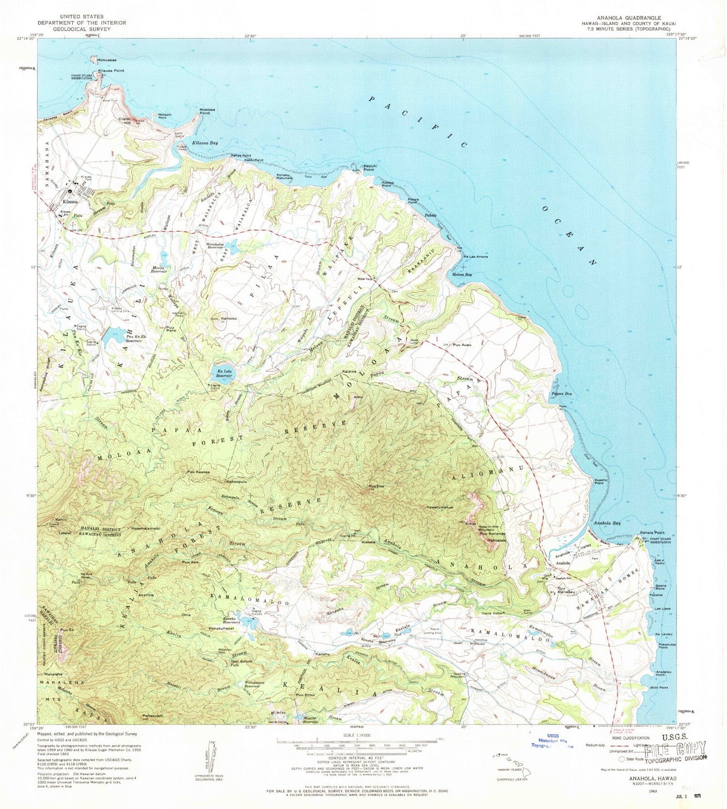 Classic USGS Anahola Hawaii 7.5'x7.5' Topo Map Image