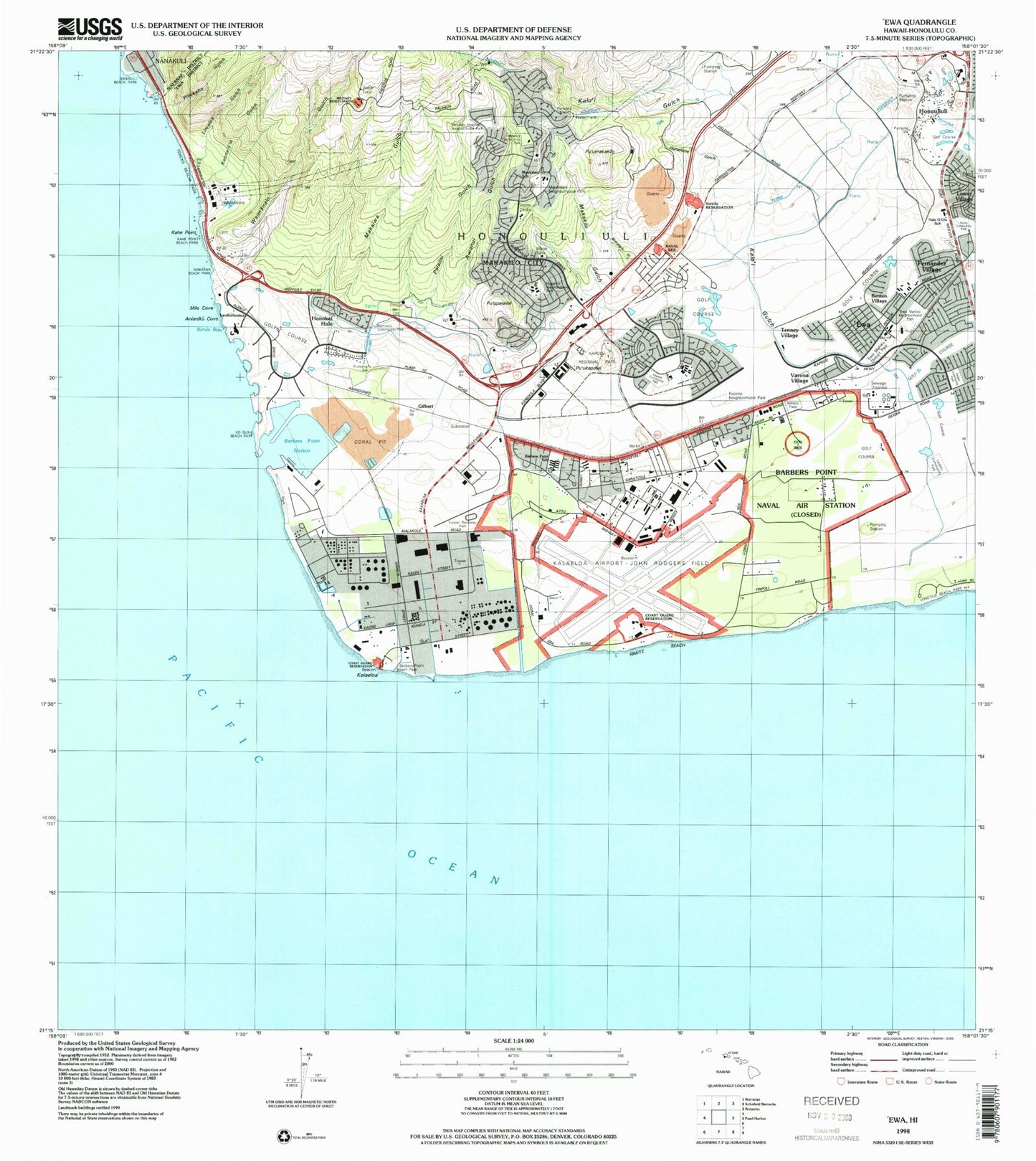 Classic USGS Ewa Hawaii 7.5'x7.5' Topo Map Image