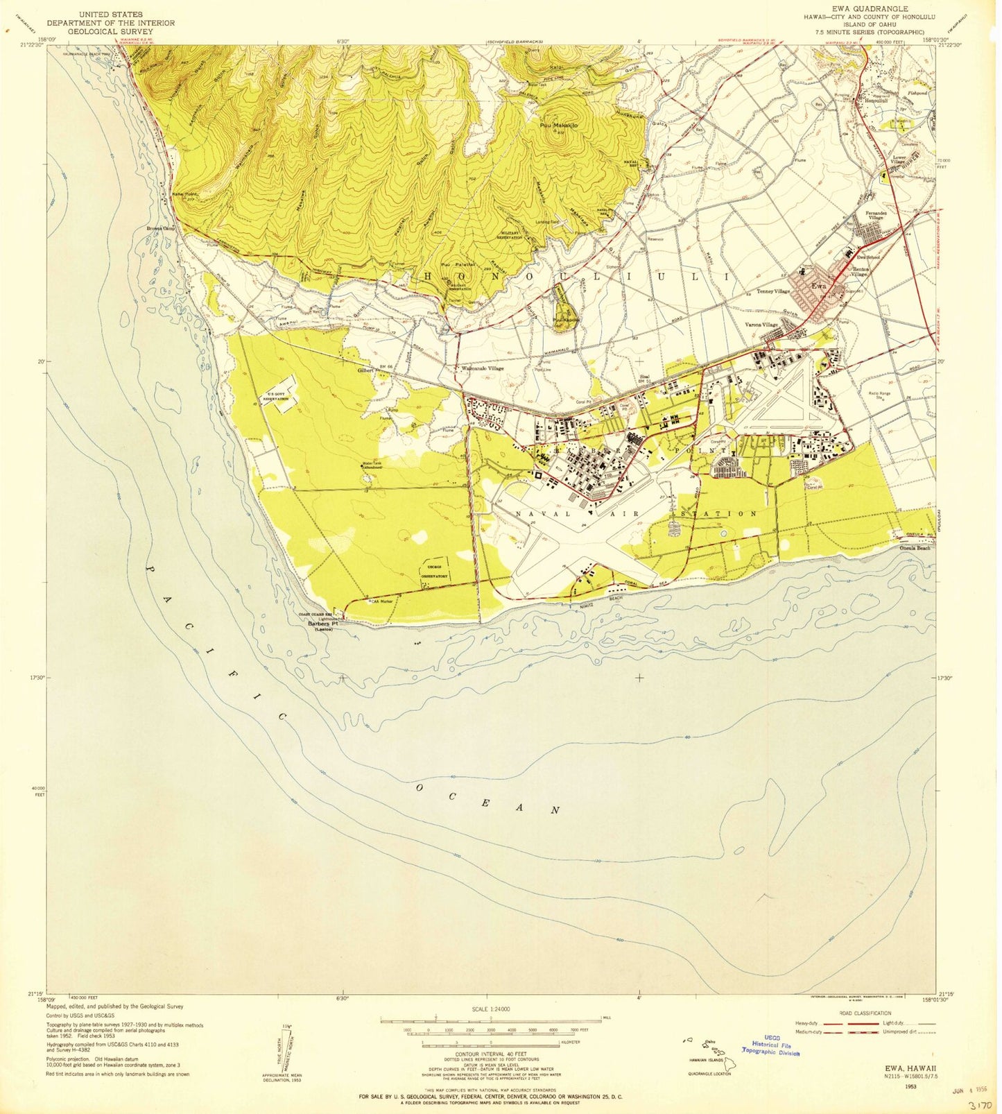 Classic USGS Ewa Hawaii 7.5'x7.5' Topo Map Image