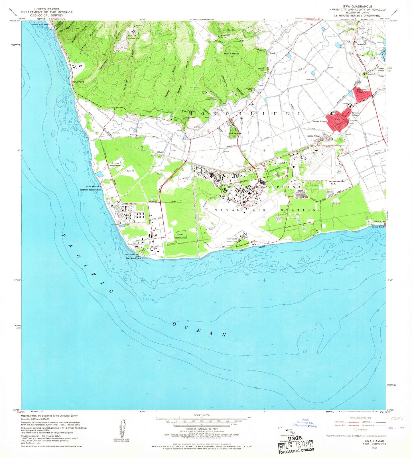 Classic USGS Ewa Hawaii 7.5'x7.5' Topo Map Image