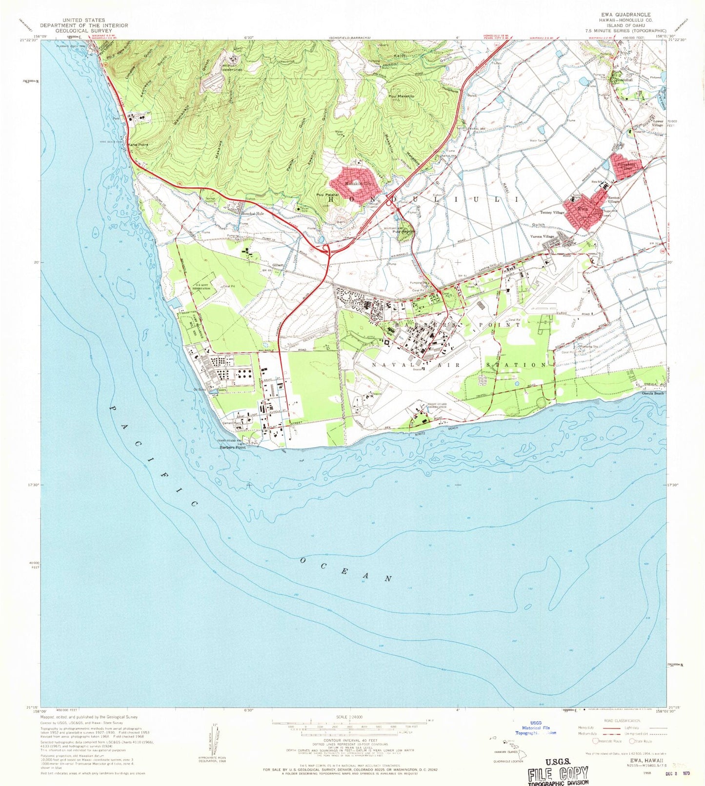 Classic USGS Ewa Hawaii 7.5'x7.5' Topo Map Image