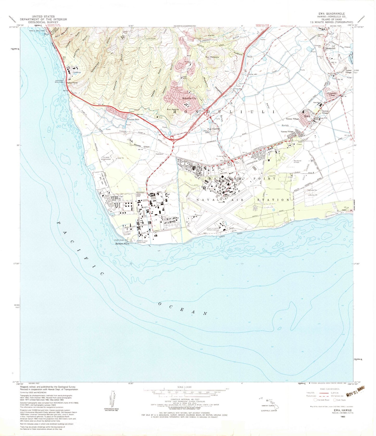 Classic USGS Ewa Hawaii 7.5'x7.5' Topo Map Image