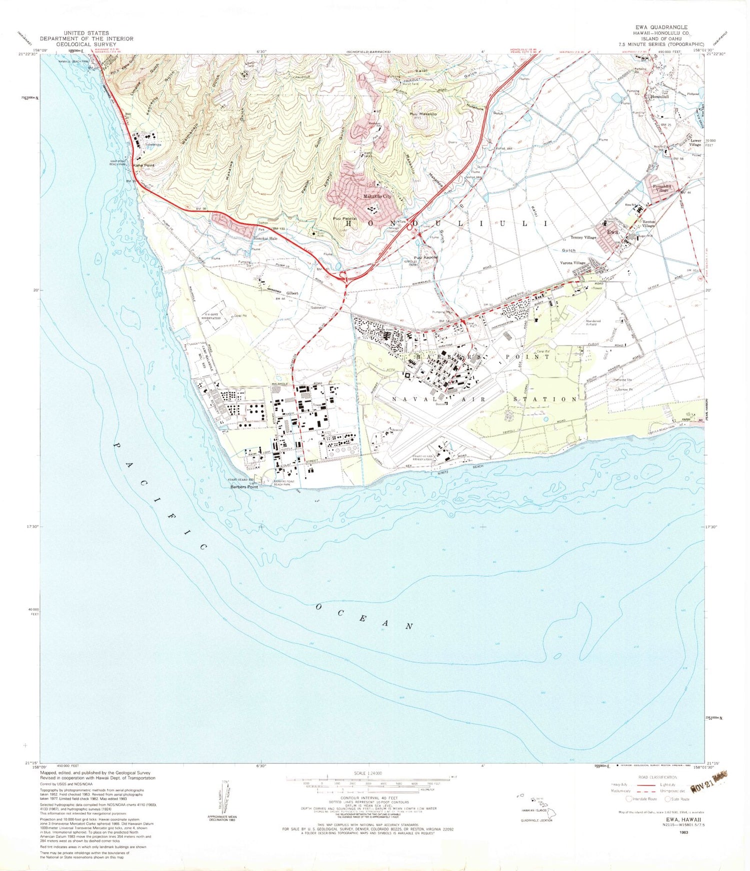 Classic USGS Ewa Hawaii 7.5'x7.5' Topo Map Image