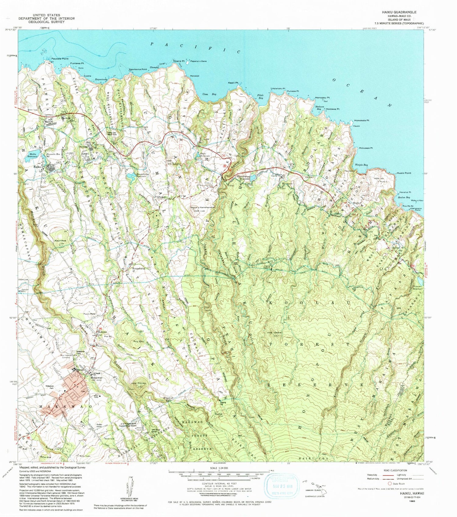 Classic USGS Haiku Hawaii 7.5'x7.5' Topo Map Image