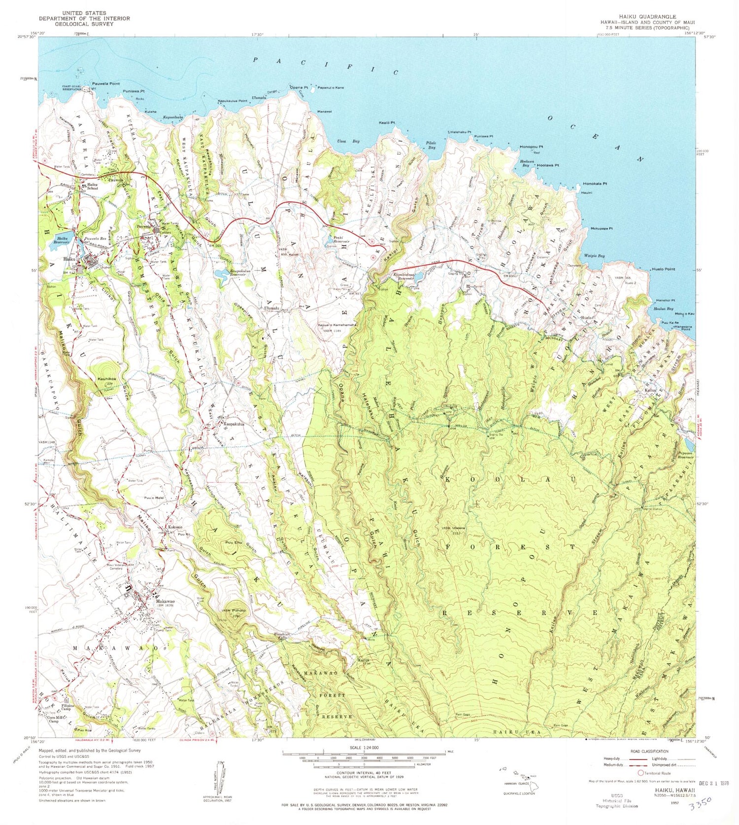 Classic USGS Haiku Hawaii 7.5'x7.5' Topo Map Image