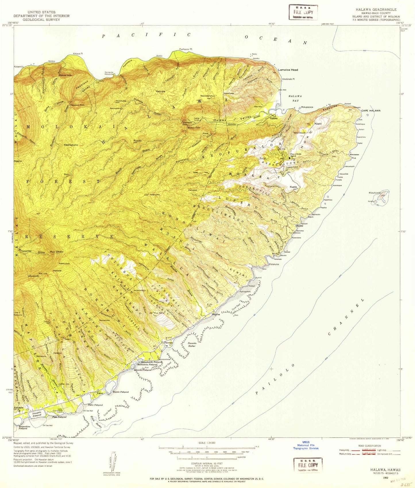 Classic USGS Halawa Hawaii 7.5'x7.5' Topo Map Image