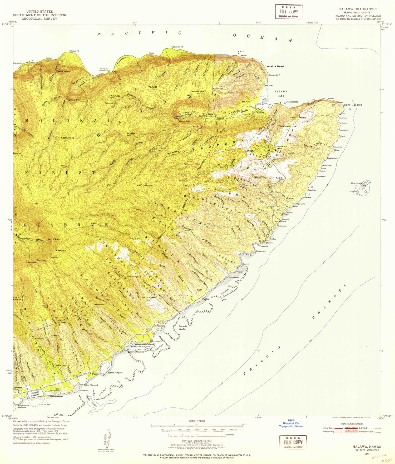 Classic USGS Halawa Hawaii 7.5'x7.5' Topo Map Image