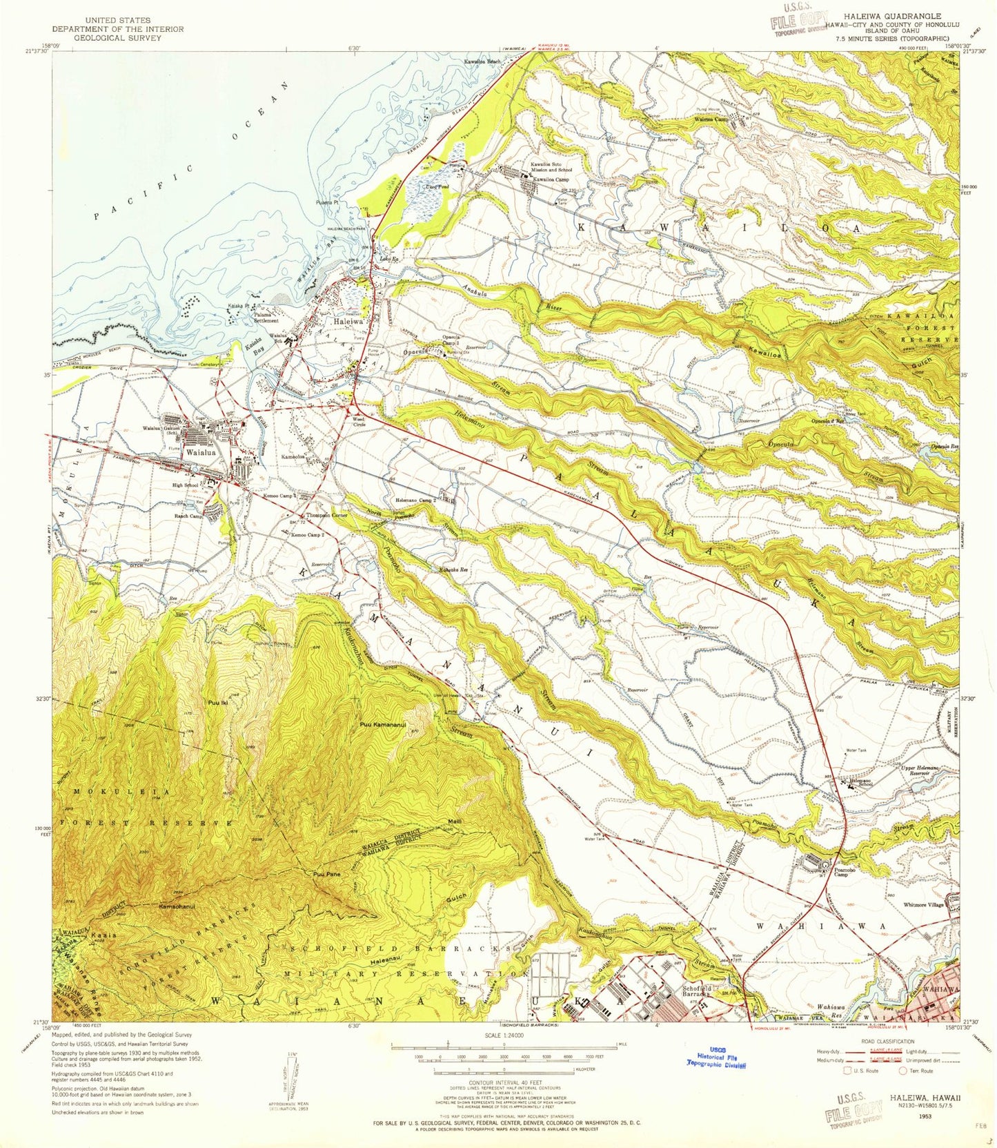 Classic USGS Haleiwa Hawaii 7.5'x7.5' Topo Map Image