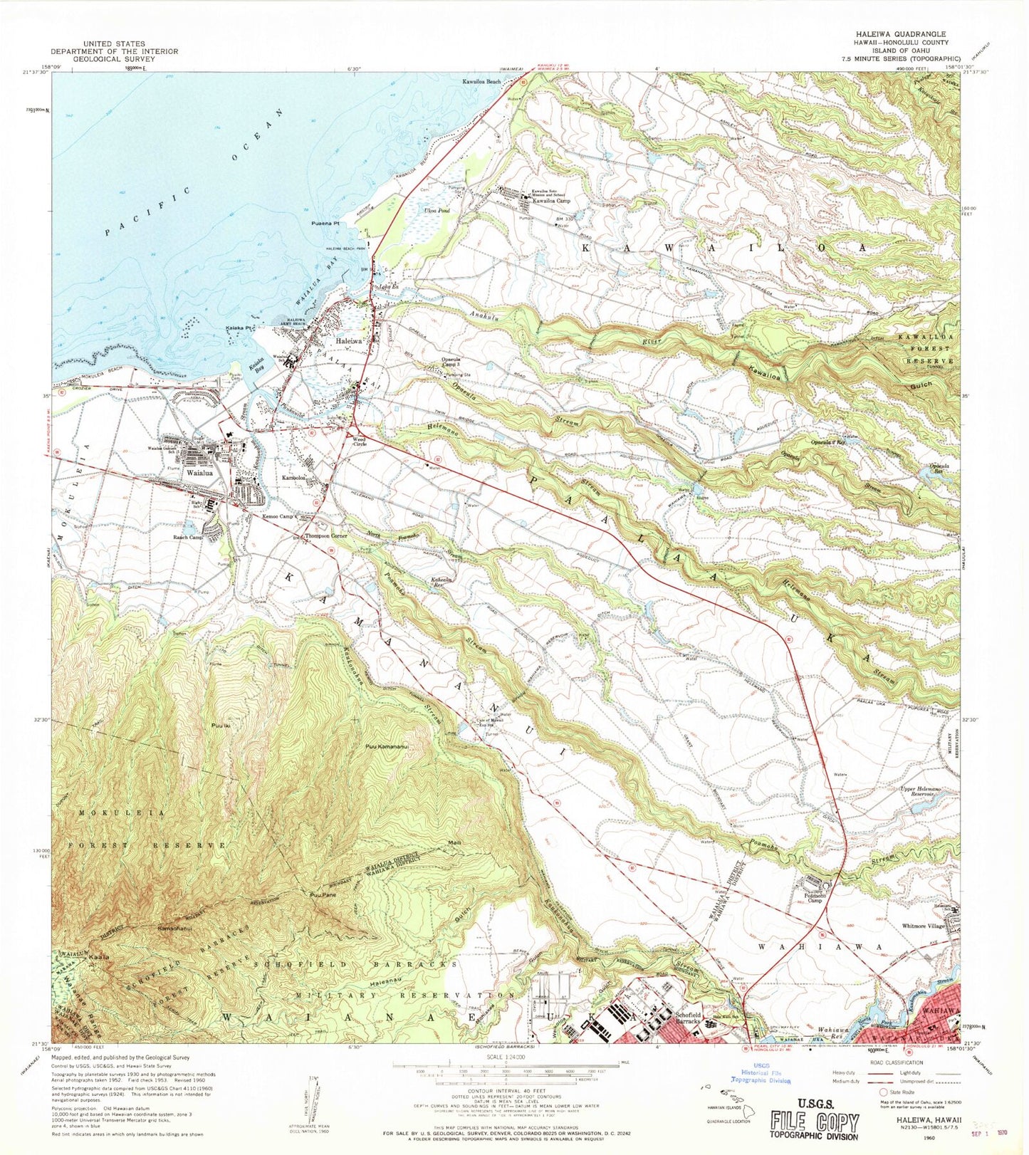 Classic USGS Haleiwa Hawaii 7.5'x7.5' Topo Map Image