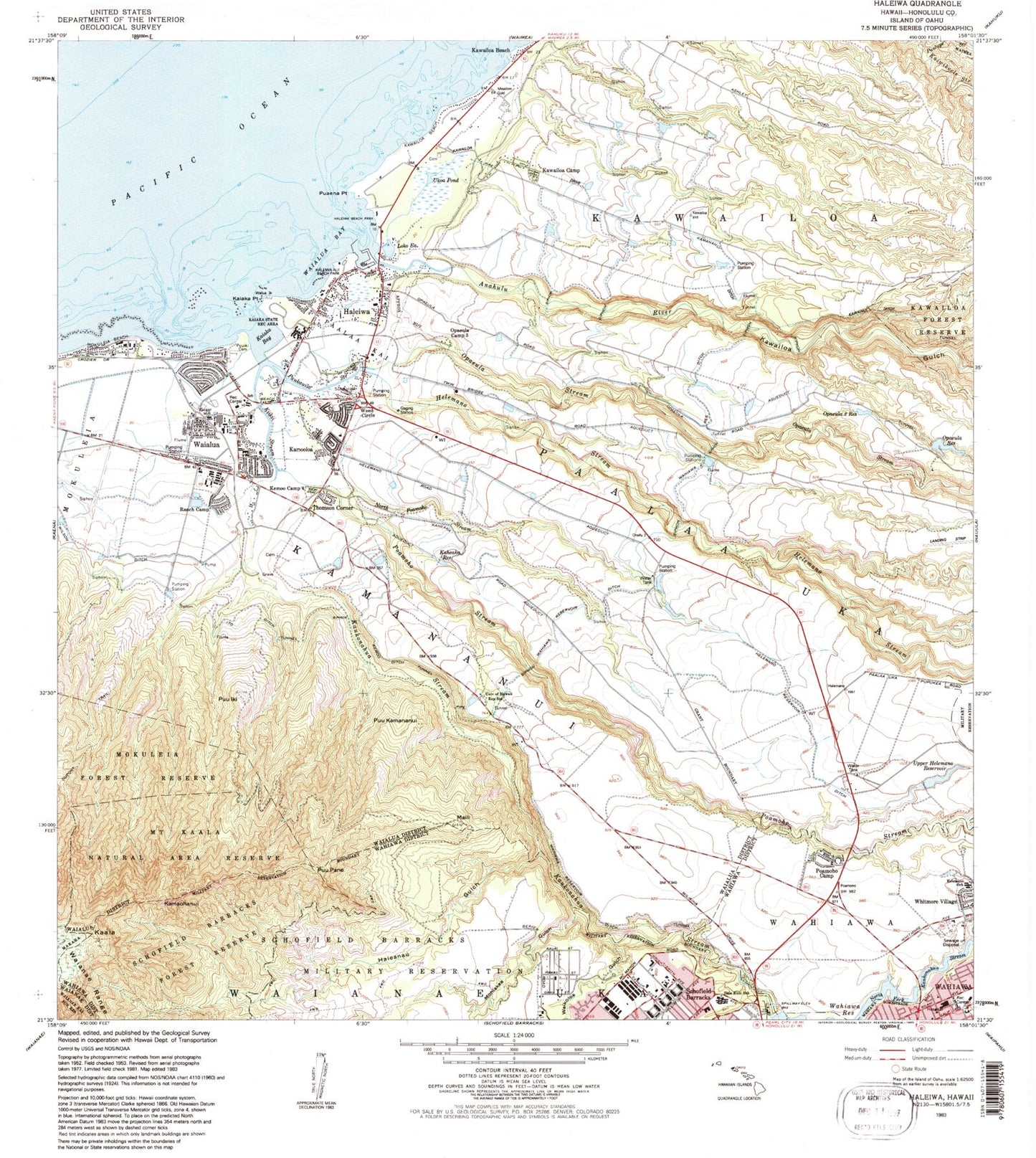 Classic USGS Haleiwa Hawaii 7.5'x7.5' Topo Map Image