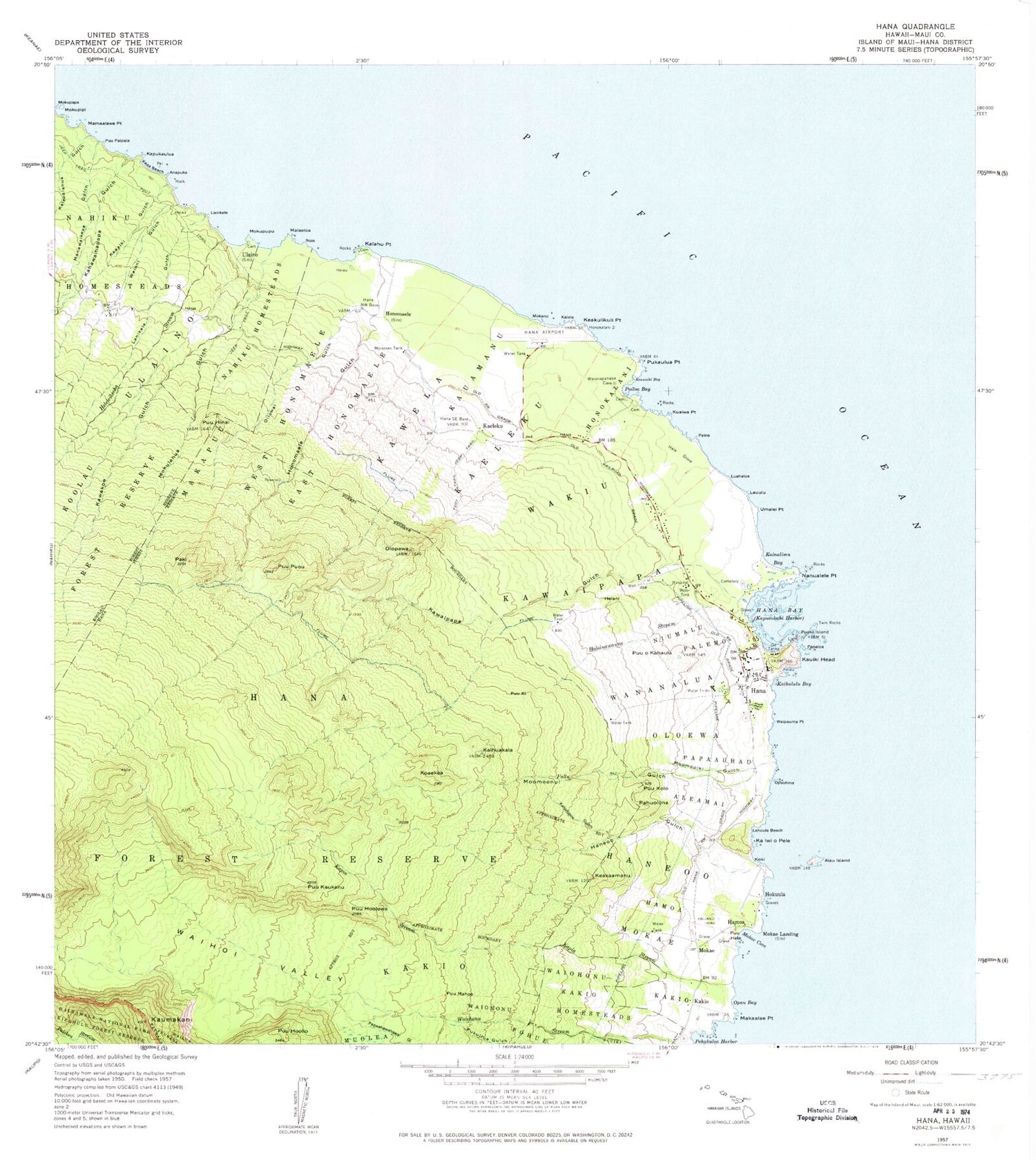 Classic USGS Hana Hawaii 7.5'x7.5' Topo Map Image