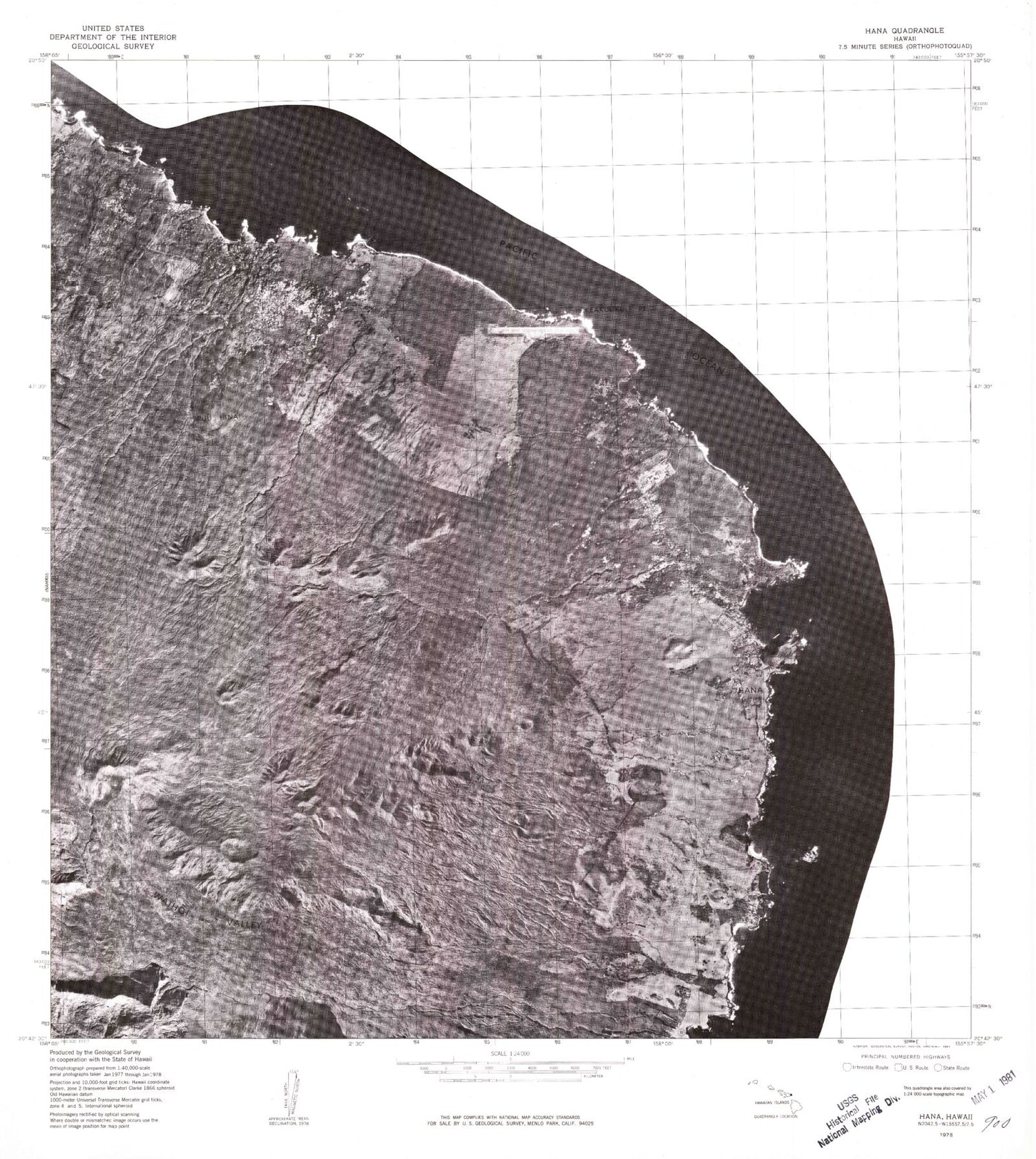 Classic USGS Hana Hawaii 7.5'x7.5' Topo Map Image