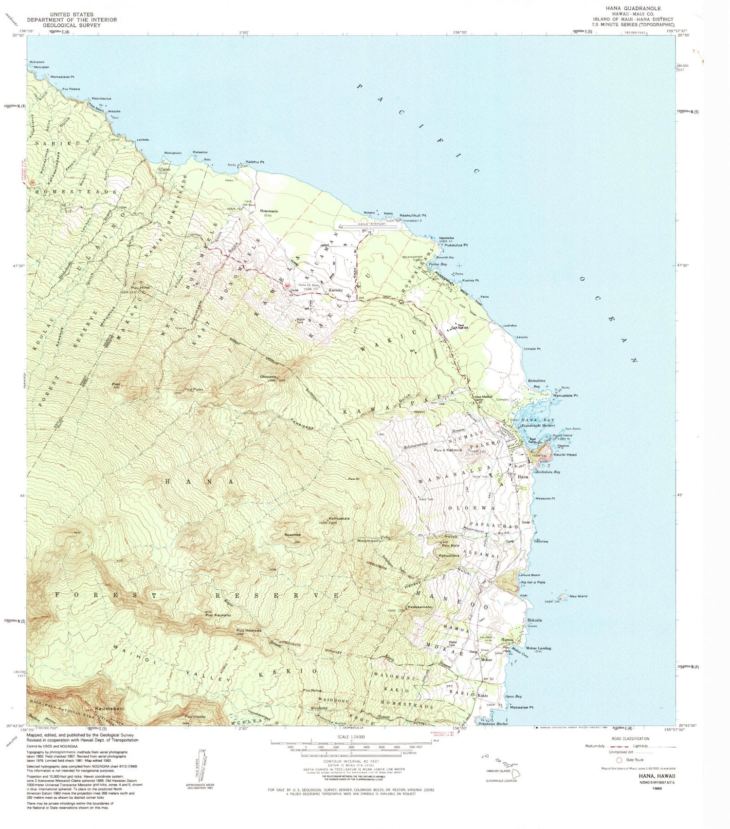 Classic USGS Hana Hawaii 7.5'x7.5' Topo Map Image
