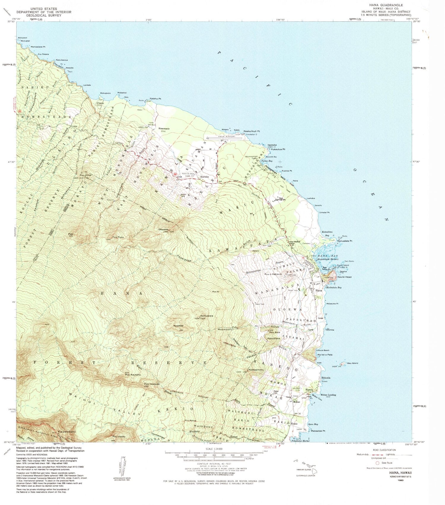 Classic USGS Hana Hawaii 7.5'x7.5' Topo Map Image