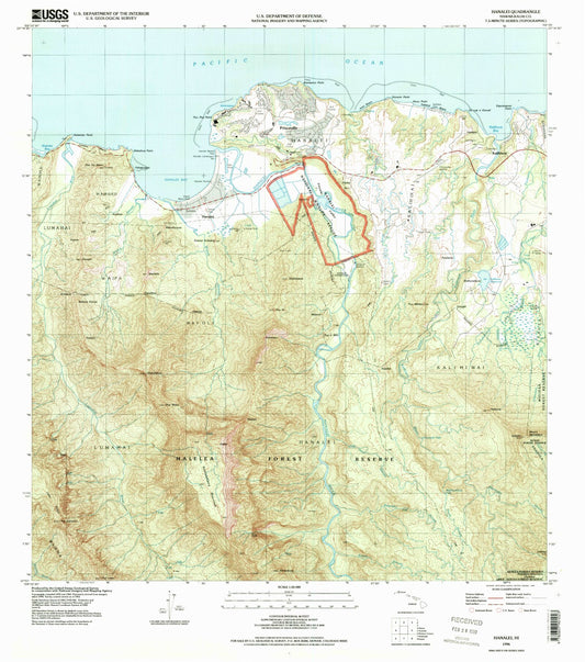 Classic USGS Hanalei Hawaii 7.5'x7.5' Topo Map Image