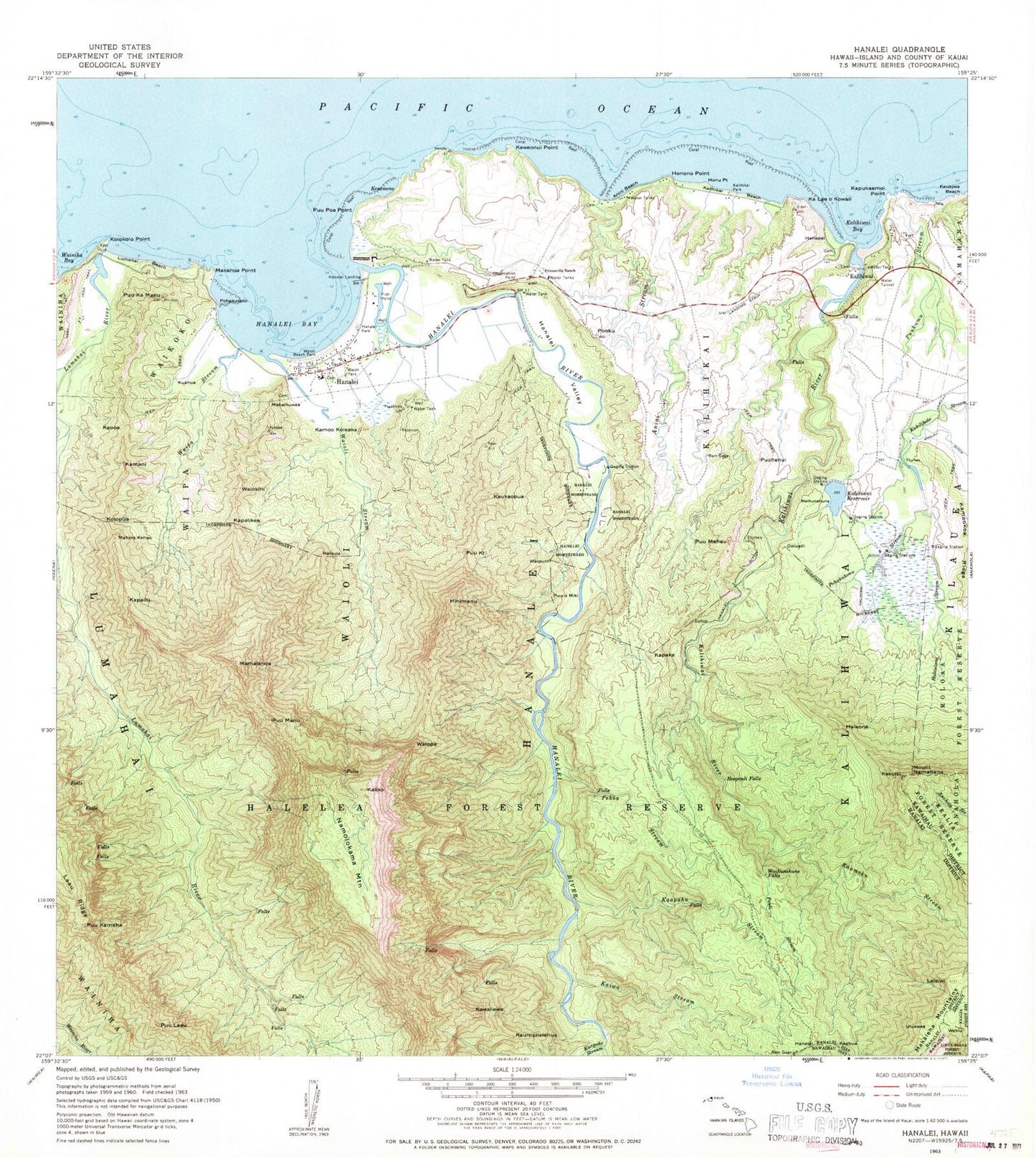 Classic USGS Hanalei Hawaii 7.5'x7.5' Topo Map Image