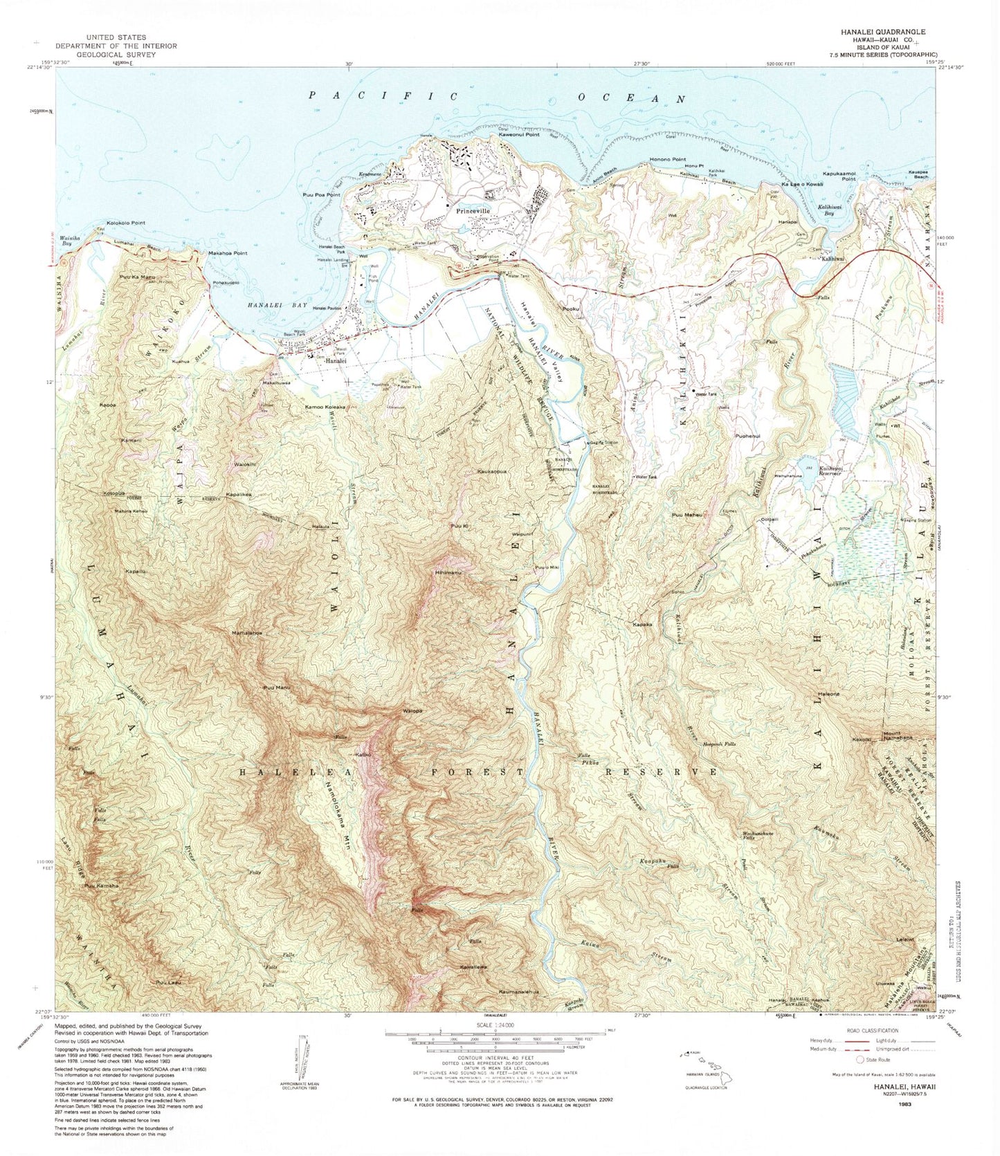 Classic USGS Hanalei Hawaii 7.5'x7.5' Topo Map Image