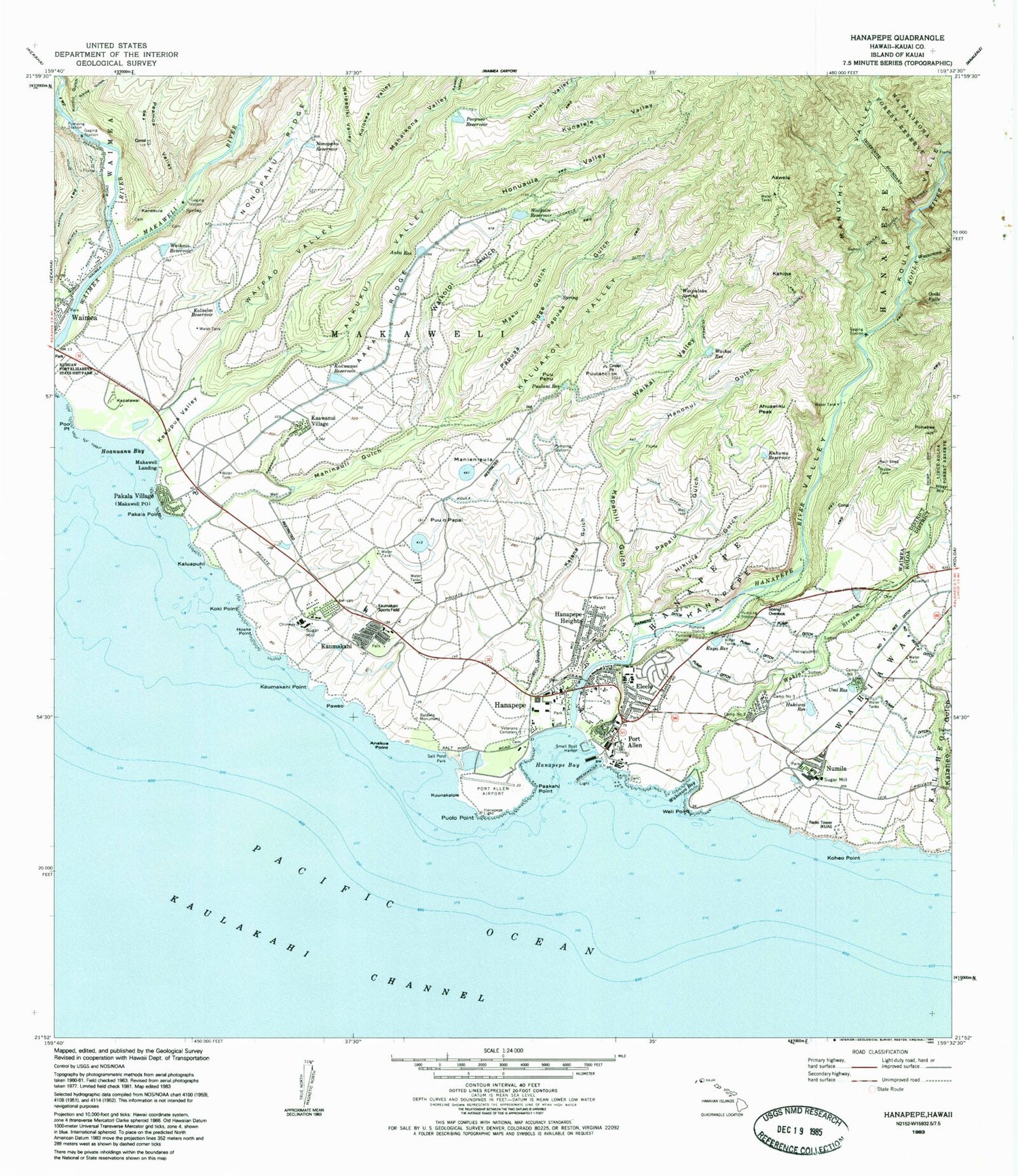 Classic USGS Hanapepe Hawaii 7.5'x7.5' Topo Map Image