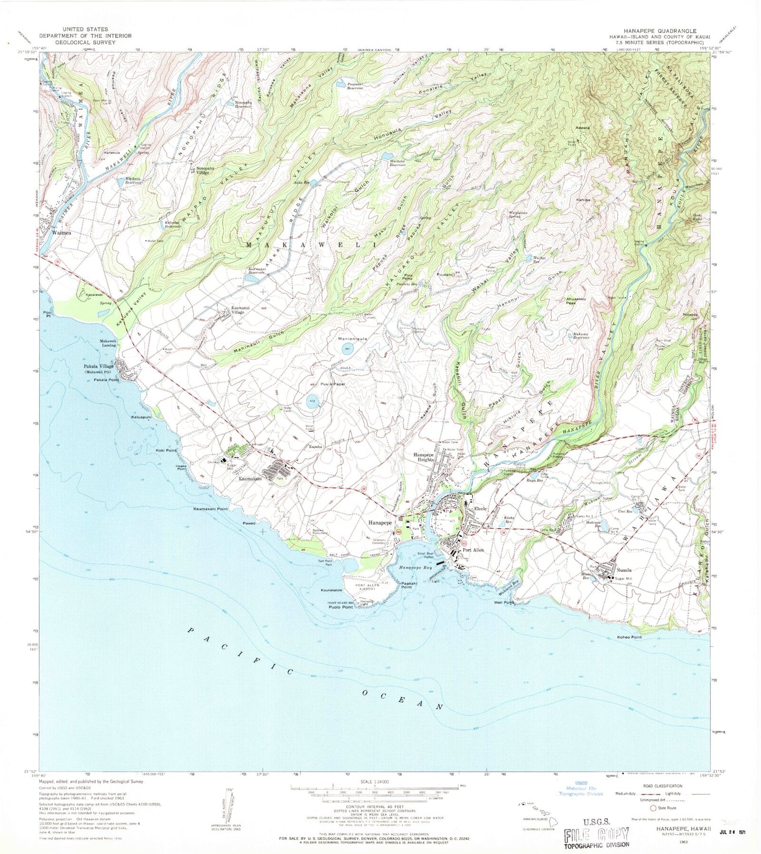Classic USGS Hanapepe Hawaii 7.5'x7.5' Topo Map Image