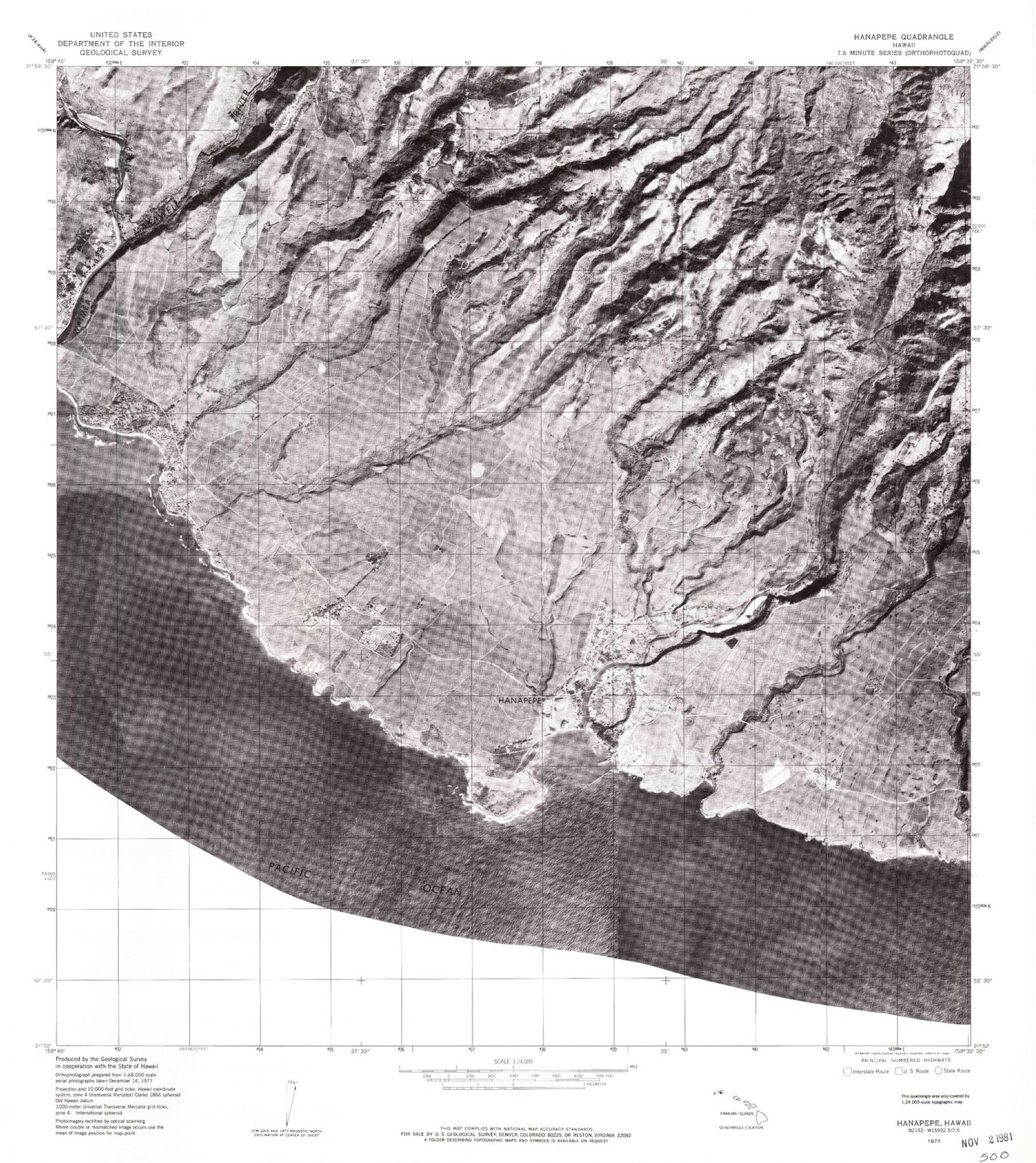 Classic USGS Hanapepe Hawaii 7.5'x7.5' Topo Map Image