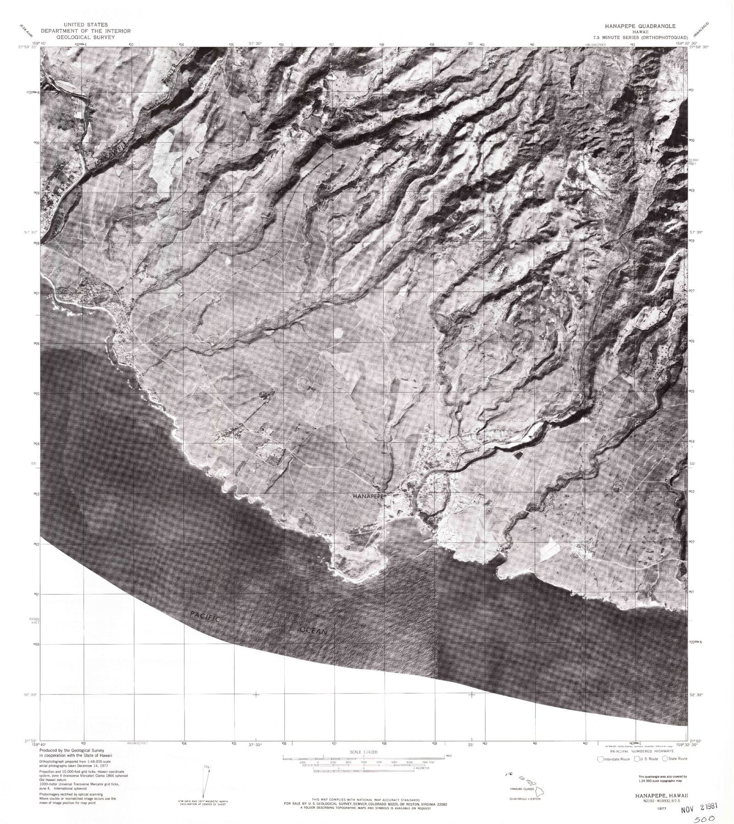 Classic USGS Hanapepe Hawaii 7.5'x7.5' Topo Map Image
