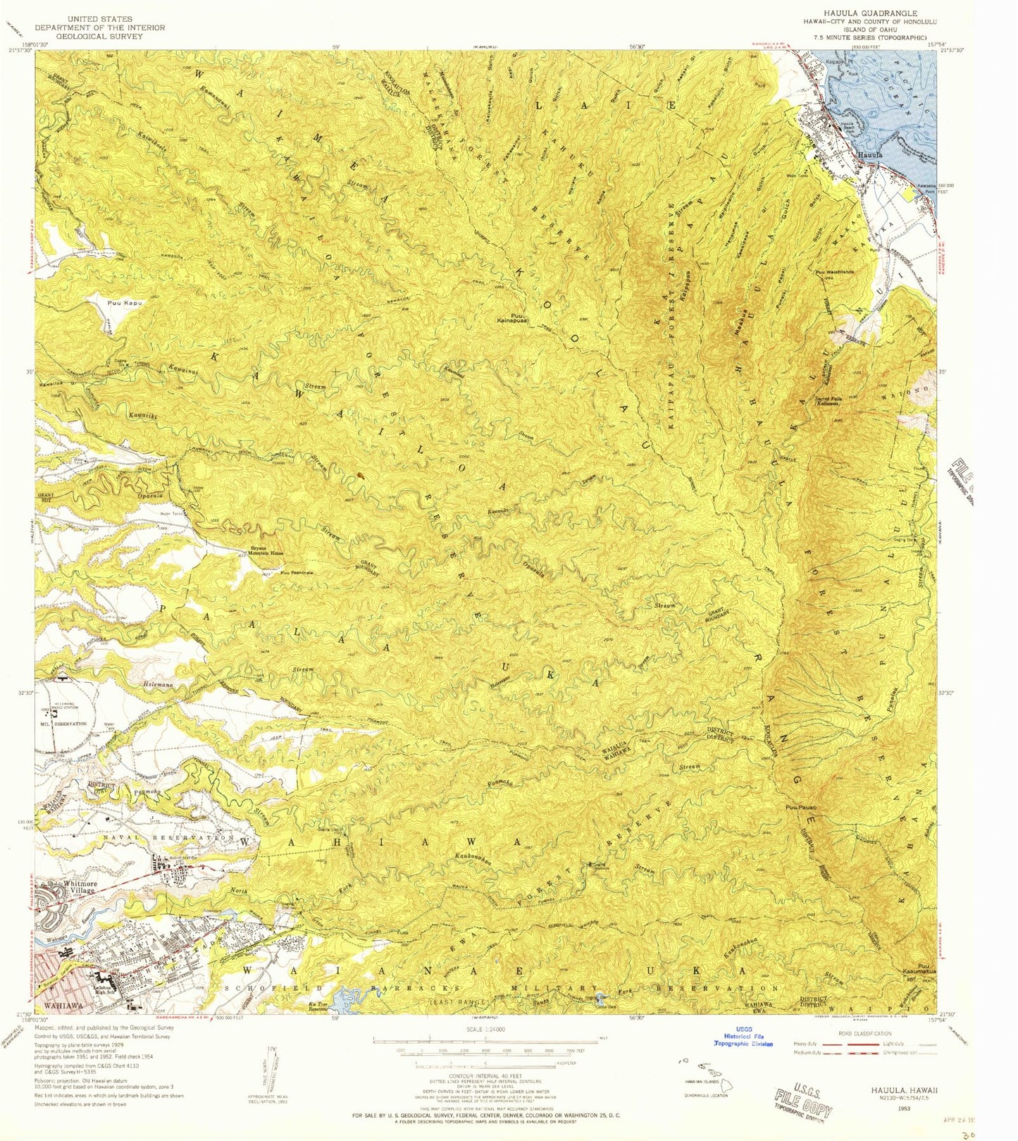 Classic USGS Hauula Hawaii 7.5'x7.5' Topo Map Image