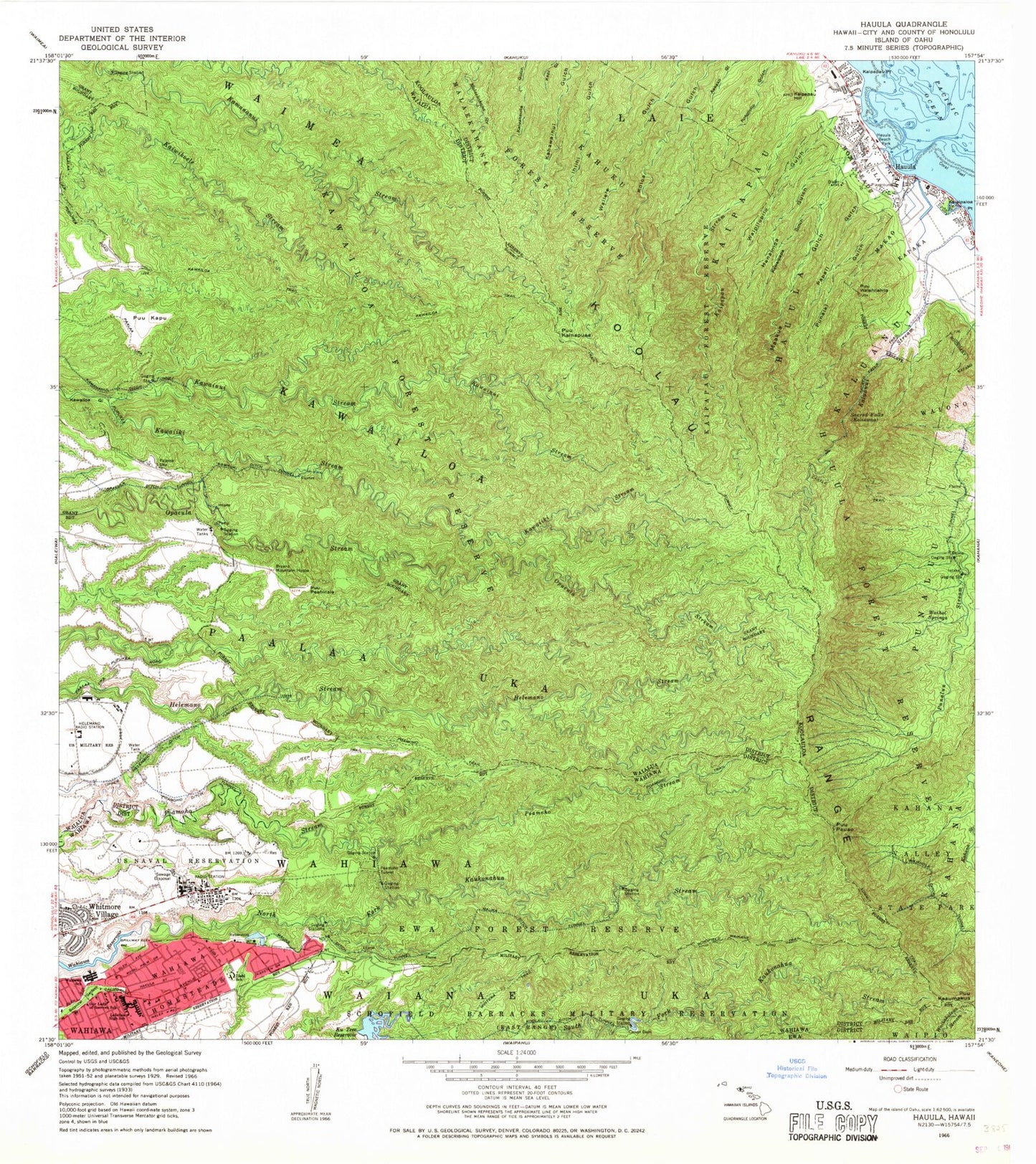 Classic USGS Hauula Hawaii 7.5'x7.5' Topo Map Image