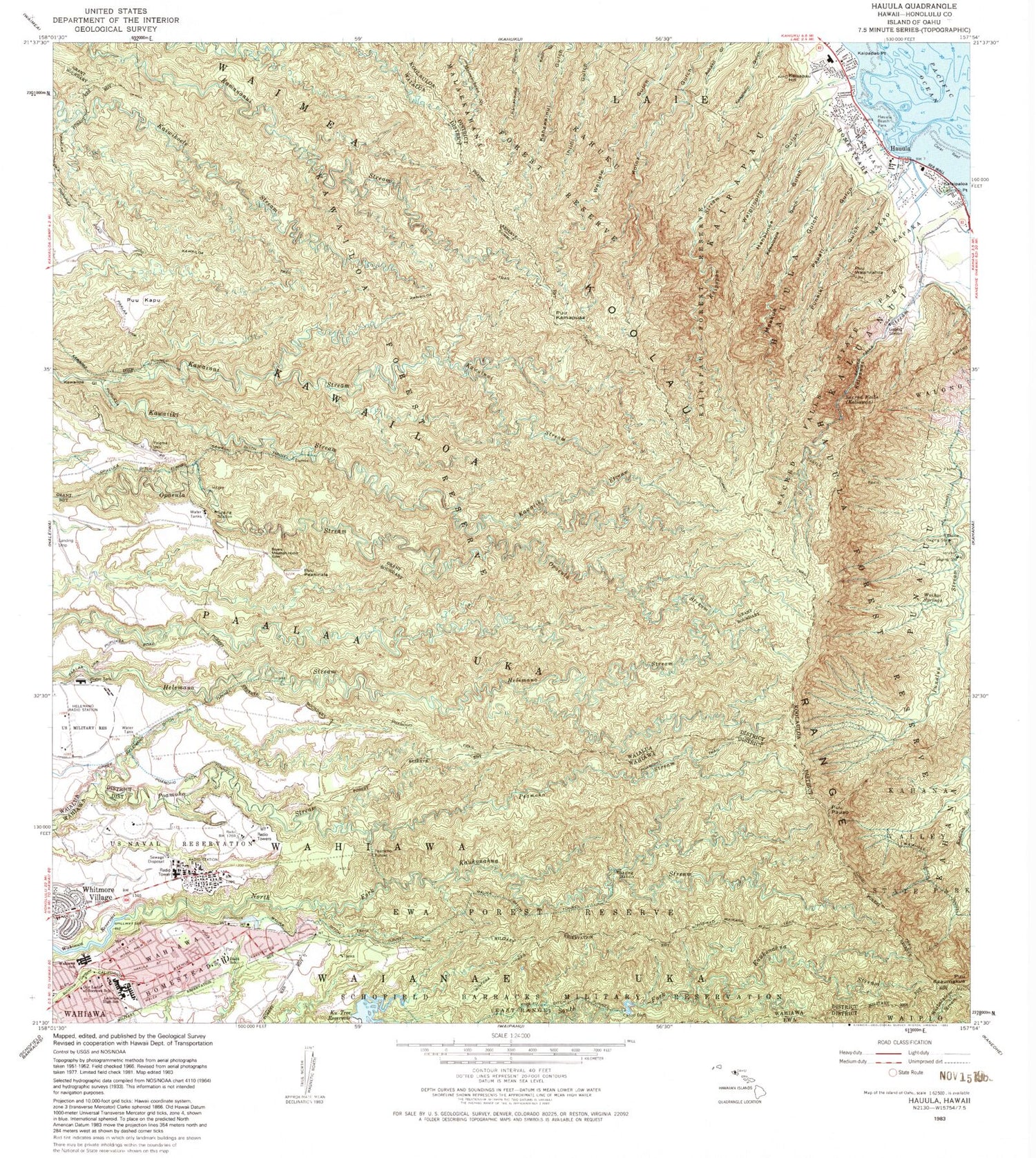 Classic USGS Hauula Hawaii 7.5'x7.5' Topo Map Image