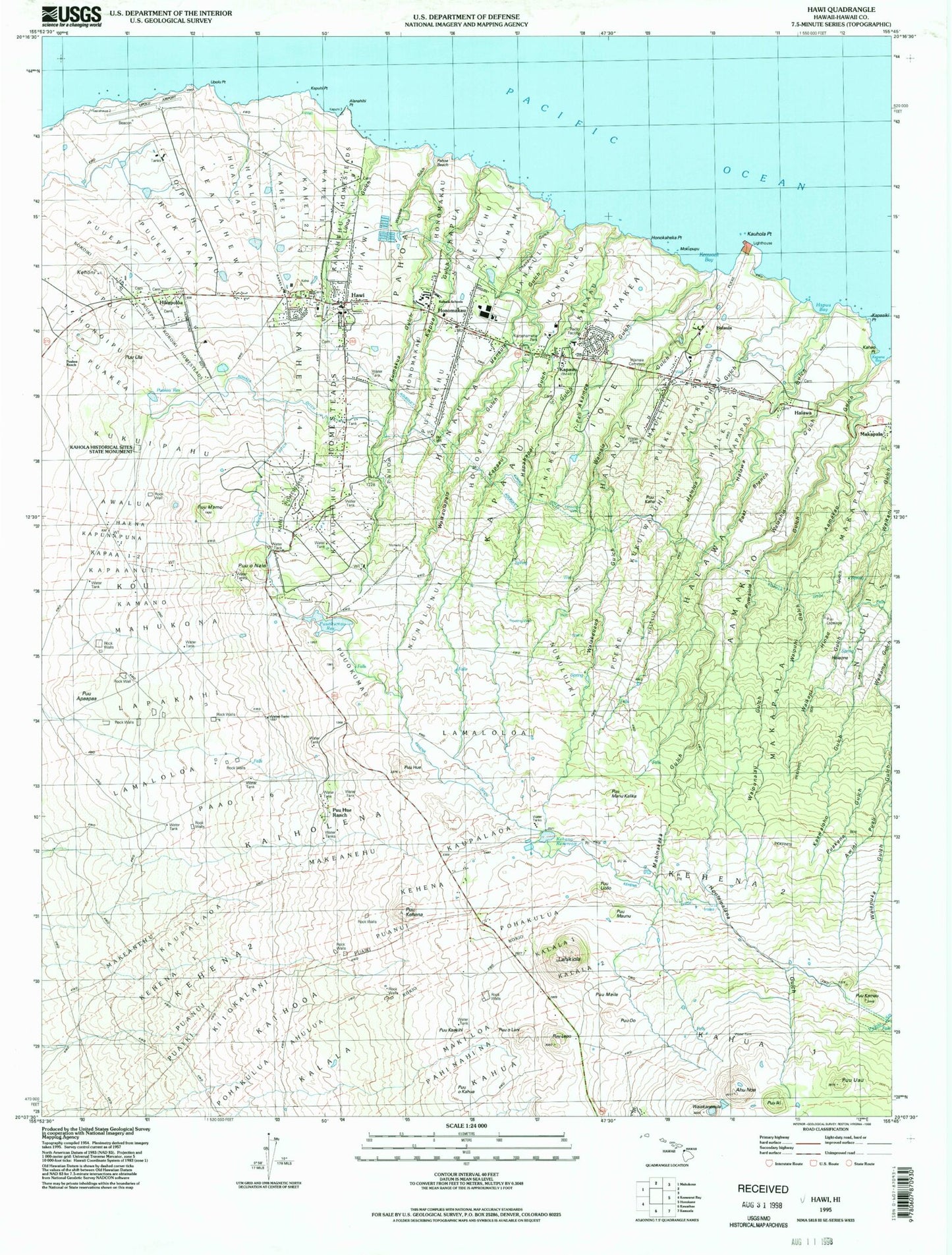Classic USGS Hawi Hawaii 7.5'x7.5' Topo Map Image