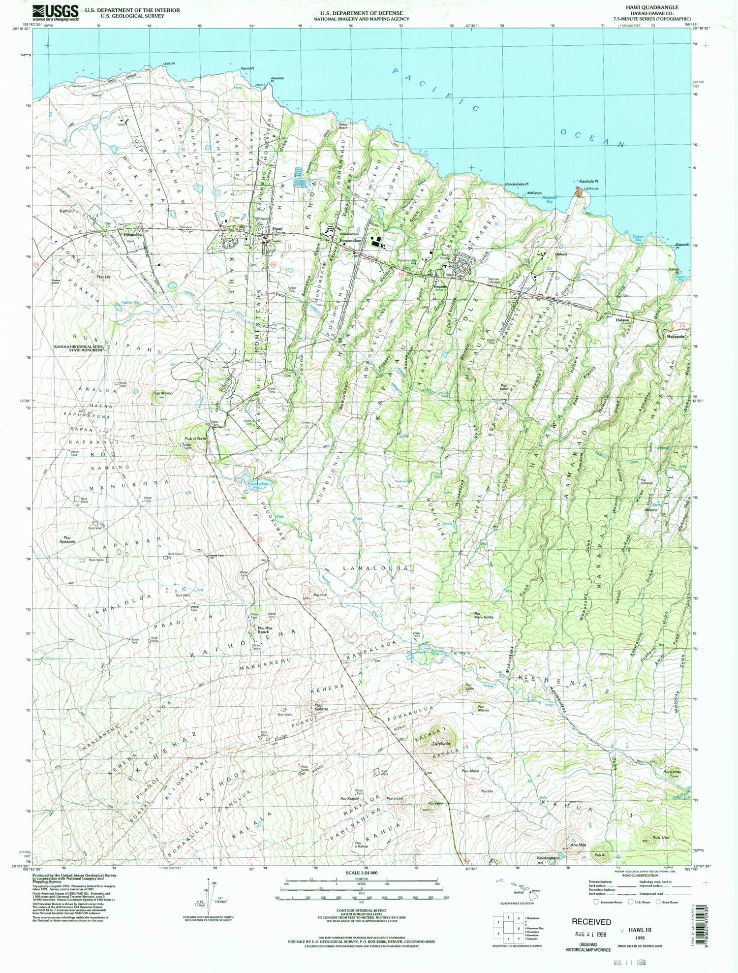Classic USGS Hawi Hawaii 7.5'x7.5' Topo Map Image