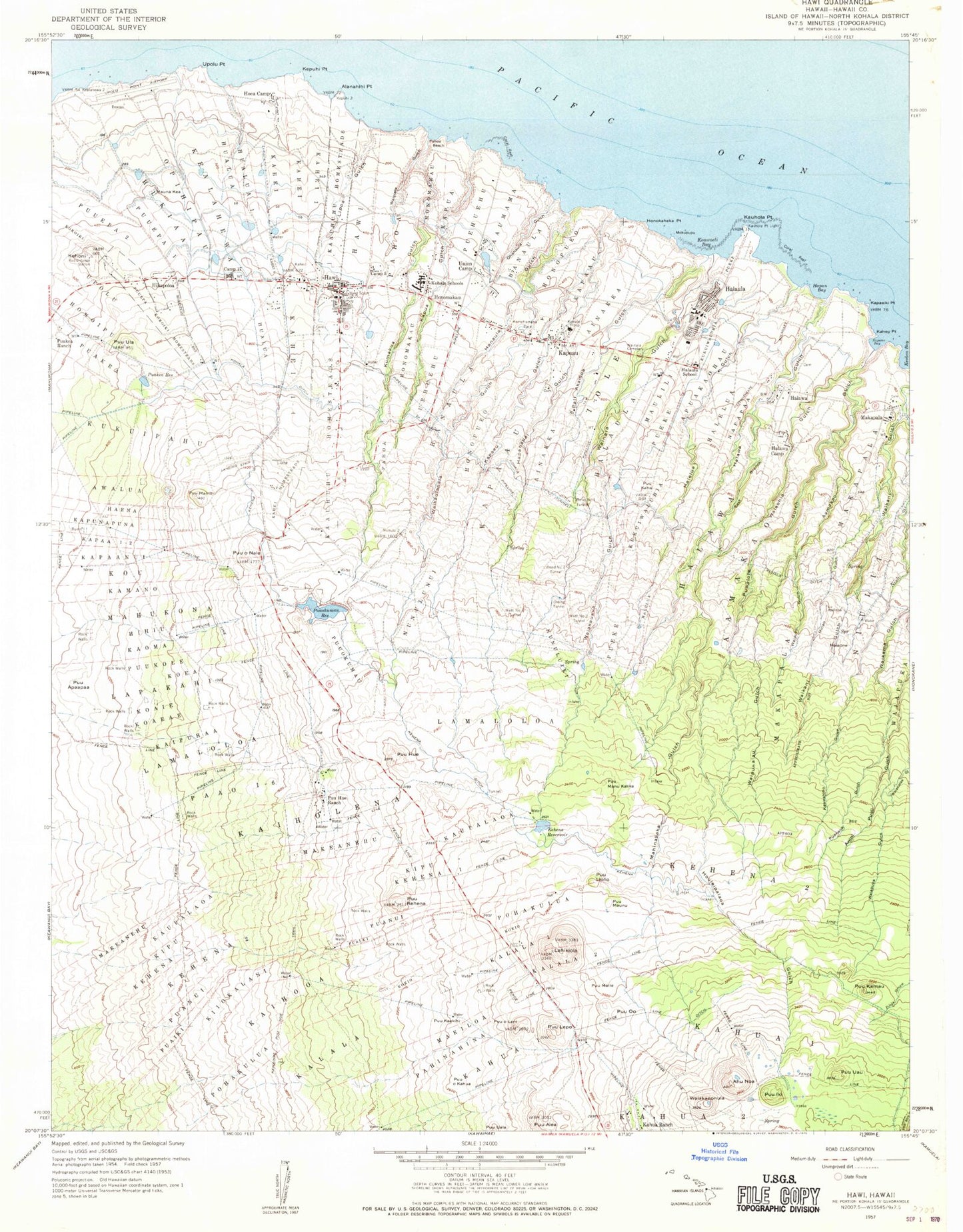 Classic USGS Hawi Hawaii 7.5'x7.5' Topo Map Image