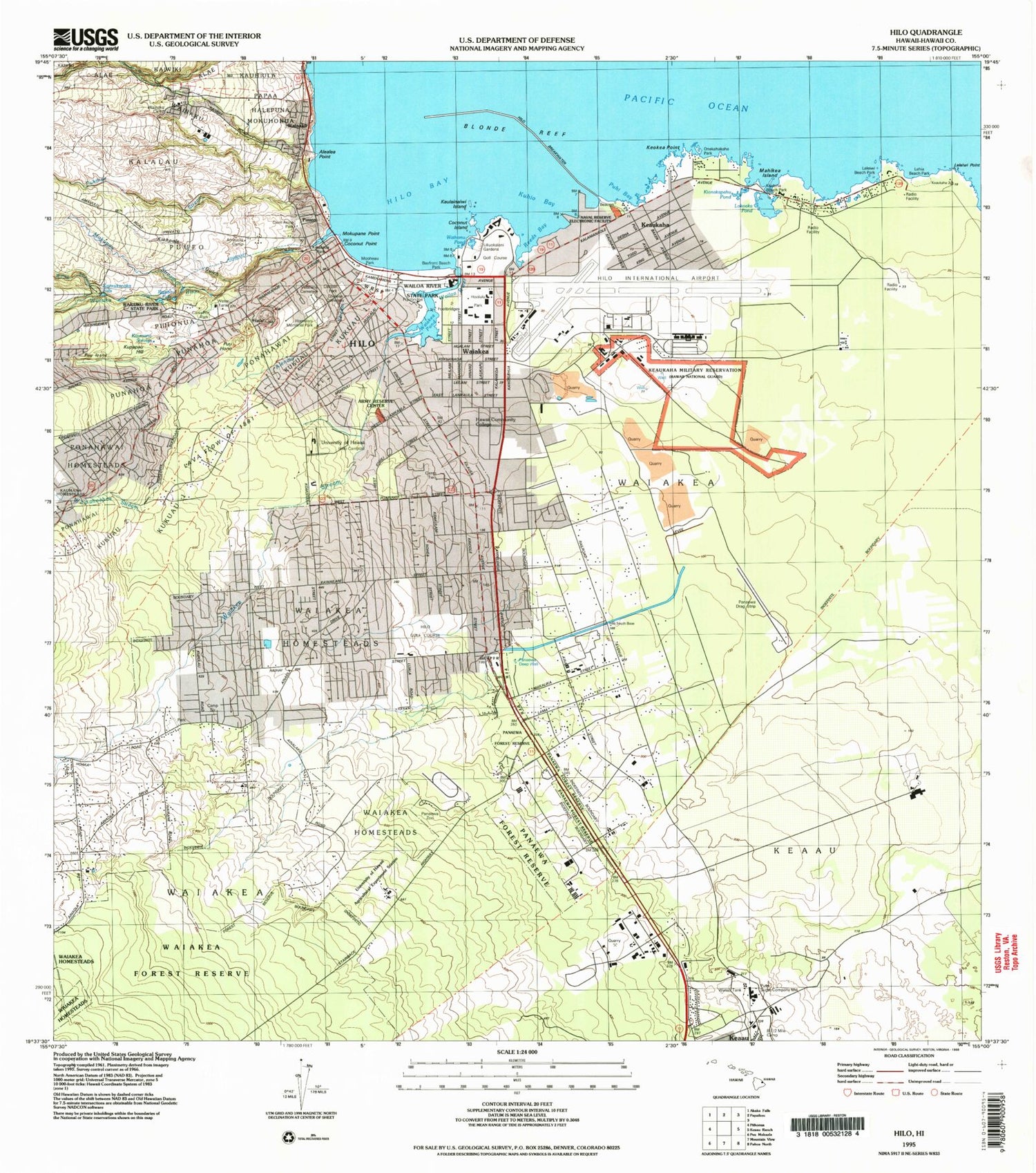 Classic USGS Hilo Hawaii 7.5'x7.5' Topo Map Image