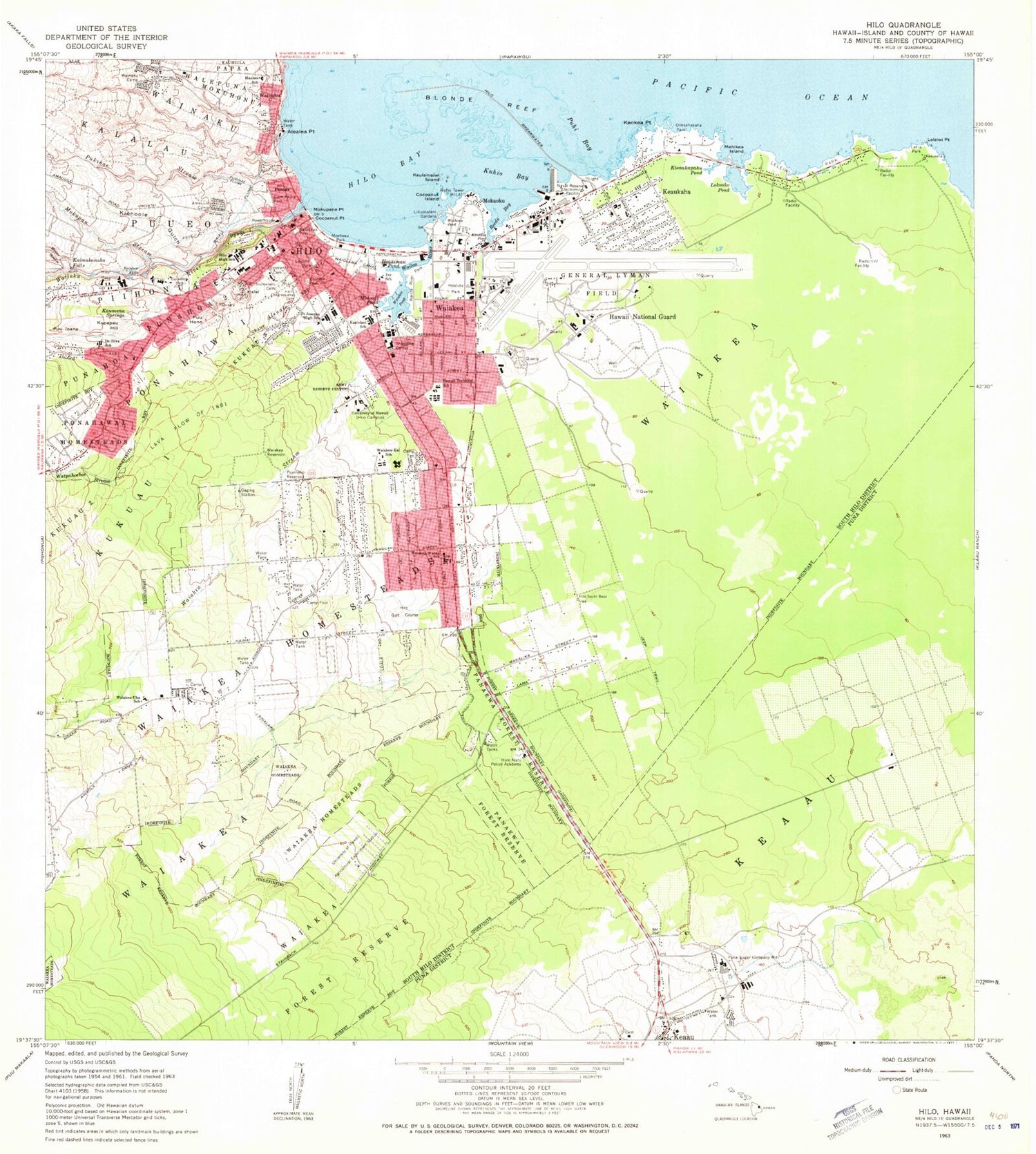 Classic USGS Hilo Hawaii 7.5'x7.5' Topo Map Image