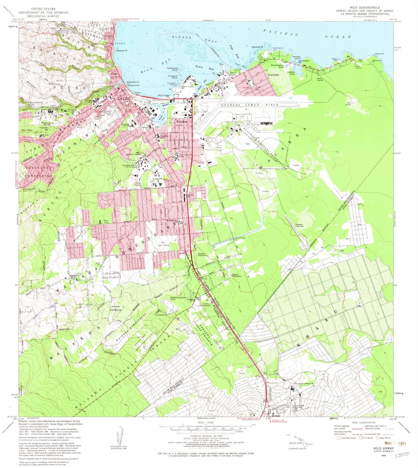 Classic USGS Hilo Hawaii 7.5'x7.5' Topo Map Image