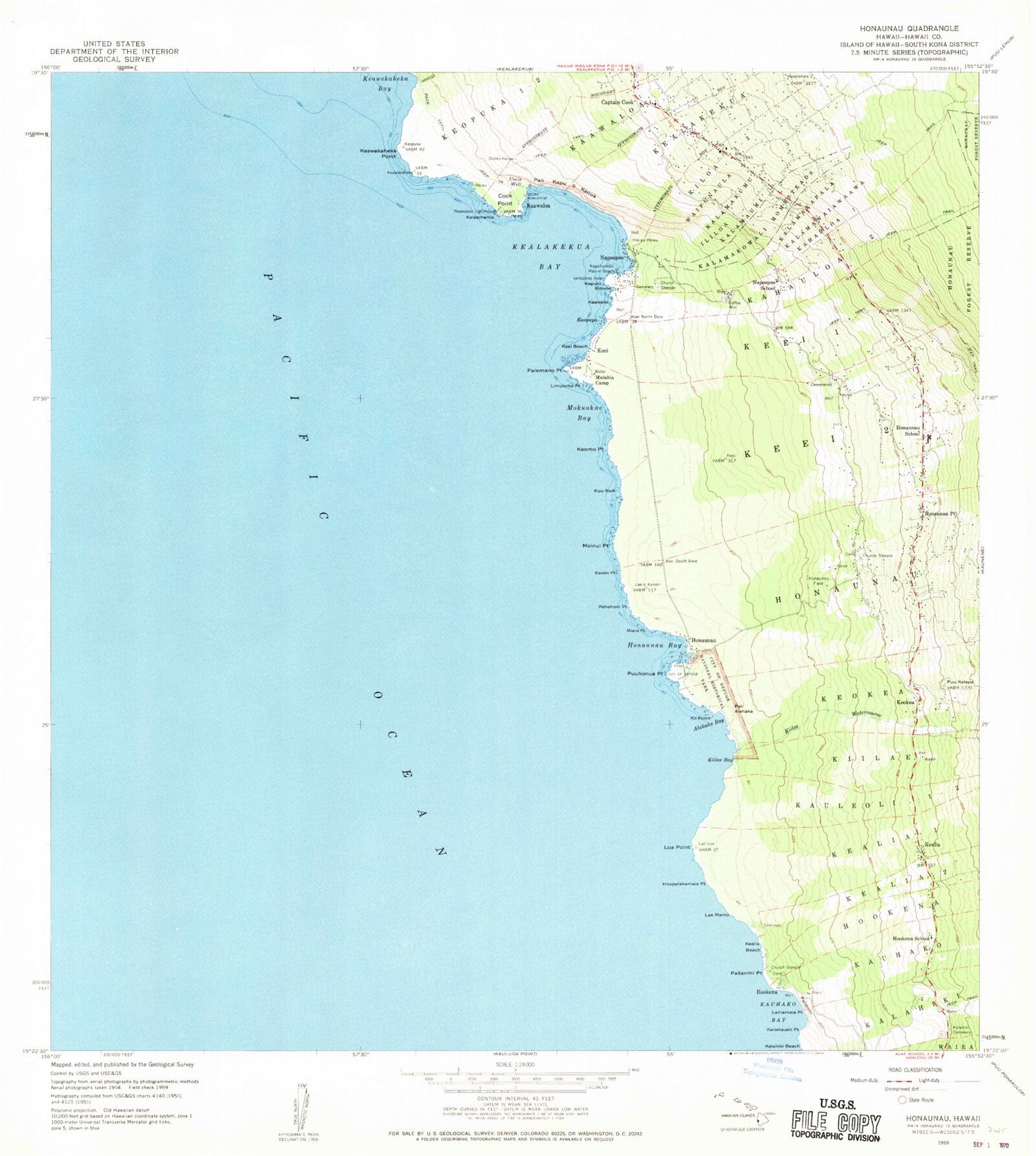 Classic USGS Honaunau Hawaii 7.5'x7.5' Topo Map Image