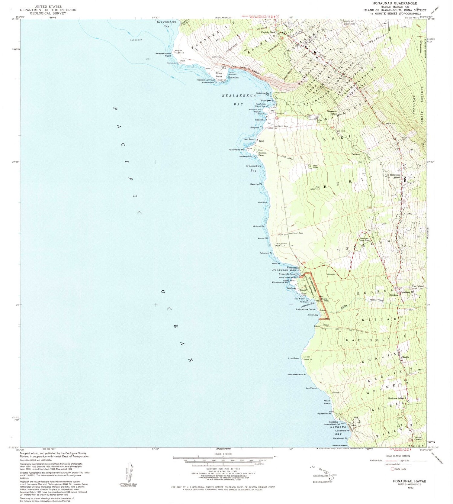 Classic USGS Honaunau Hawaii 7.5'x7.5' Topo Map Image