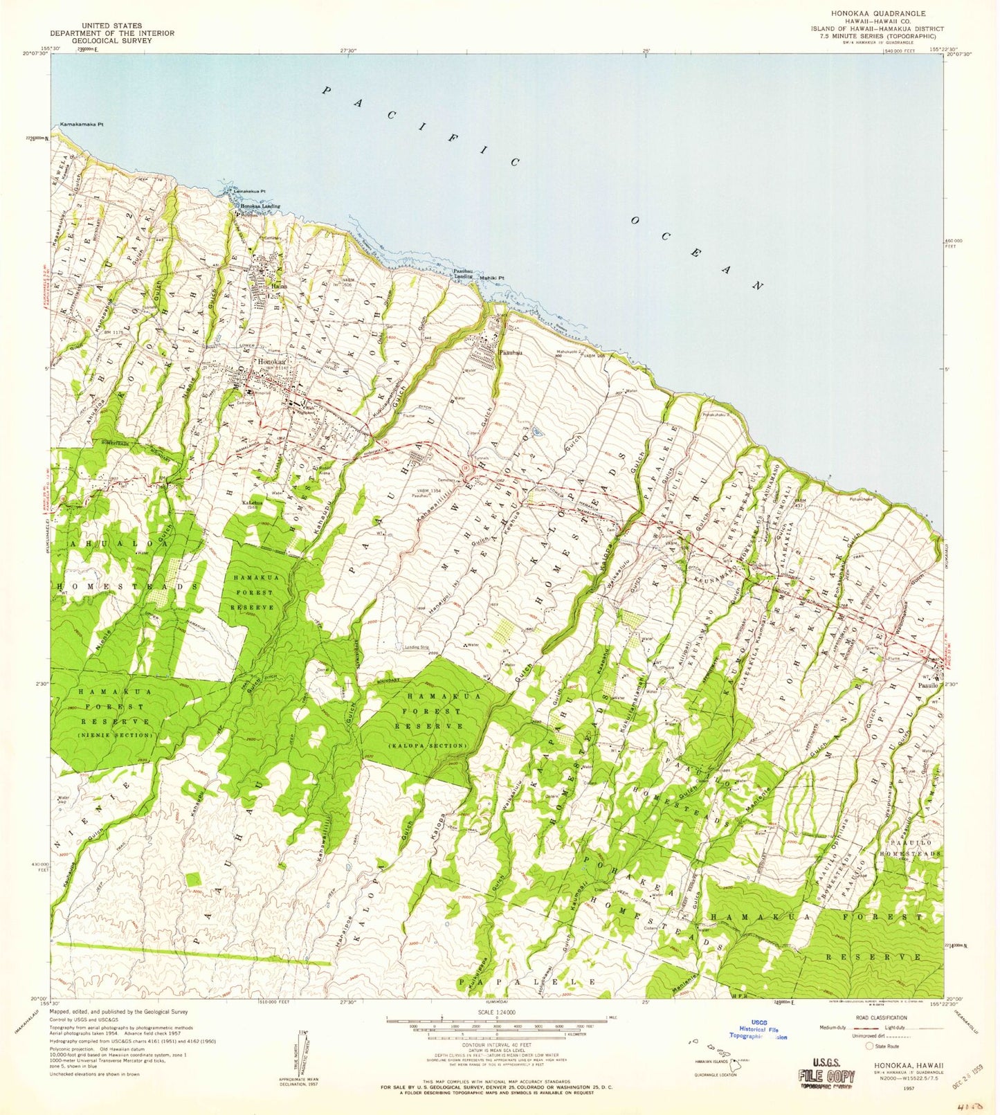 Classic USGS Honokaa Hawaii 7.5'x7.5' Topo Map Image