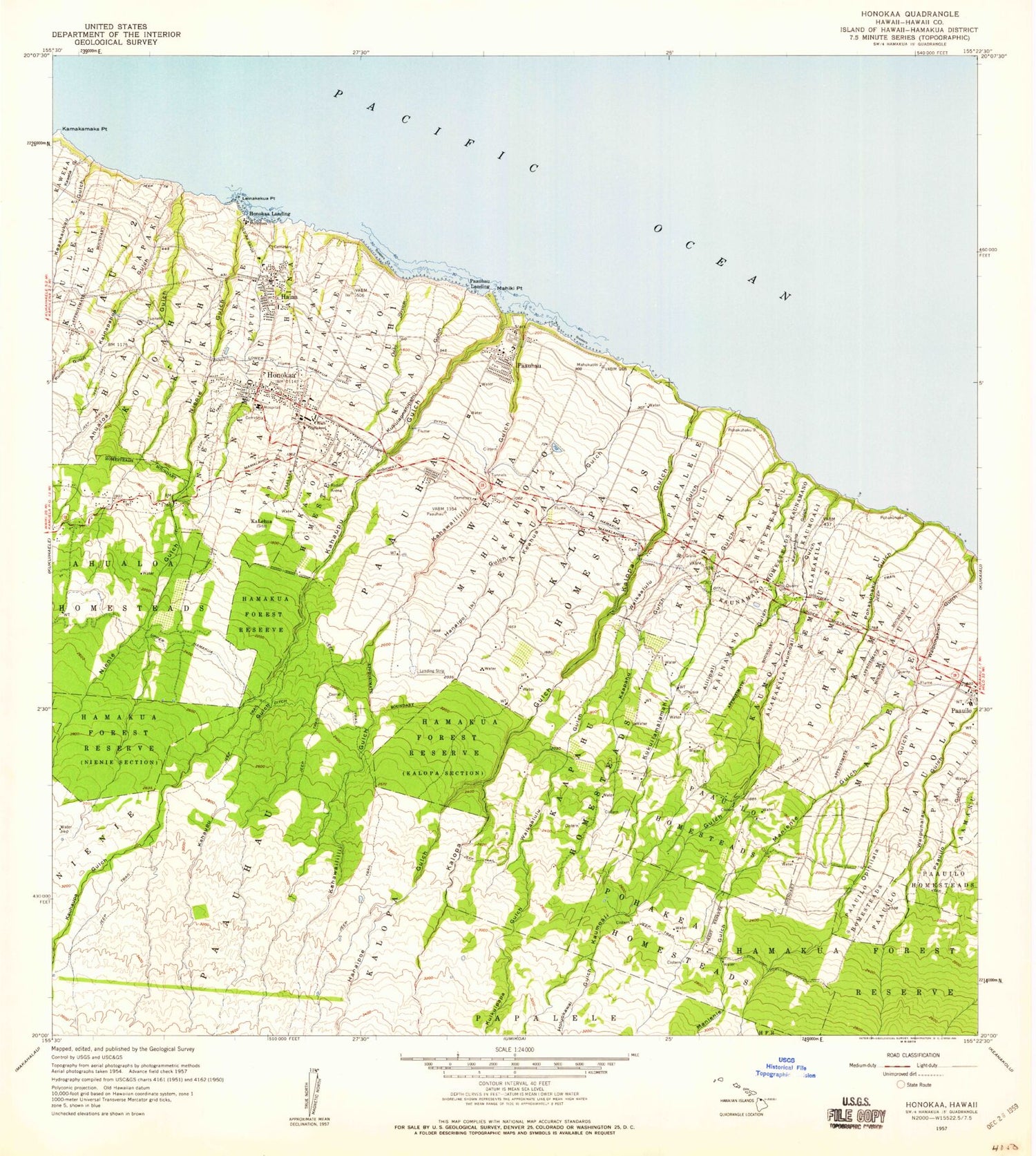 Classic USGS Honokaa Hawaii 7.5'x7.5' Topo Map Image