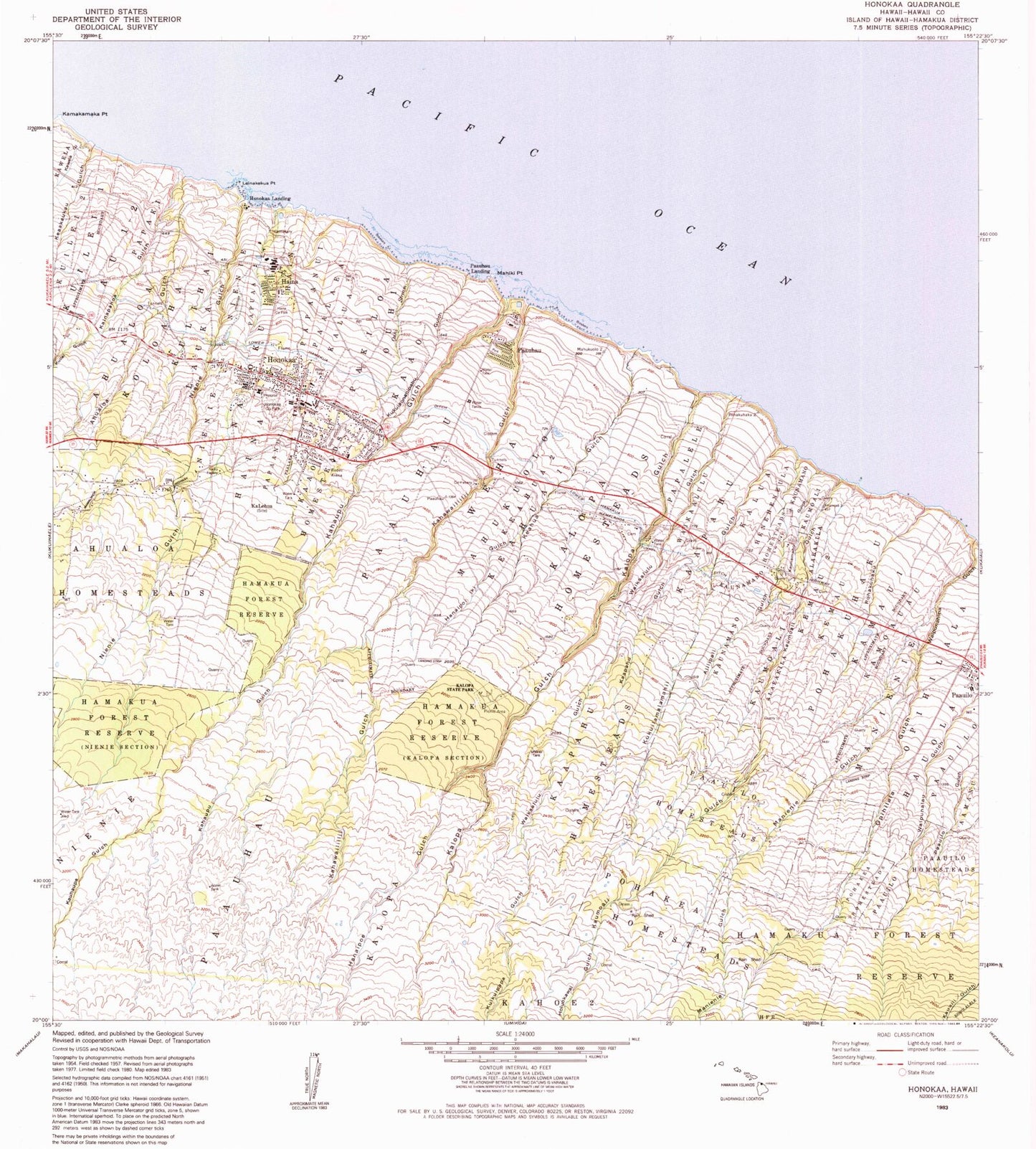 Classic USGS Honokaa Hawaii 7.5'x7.5' Topo Map Image