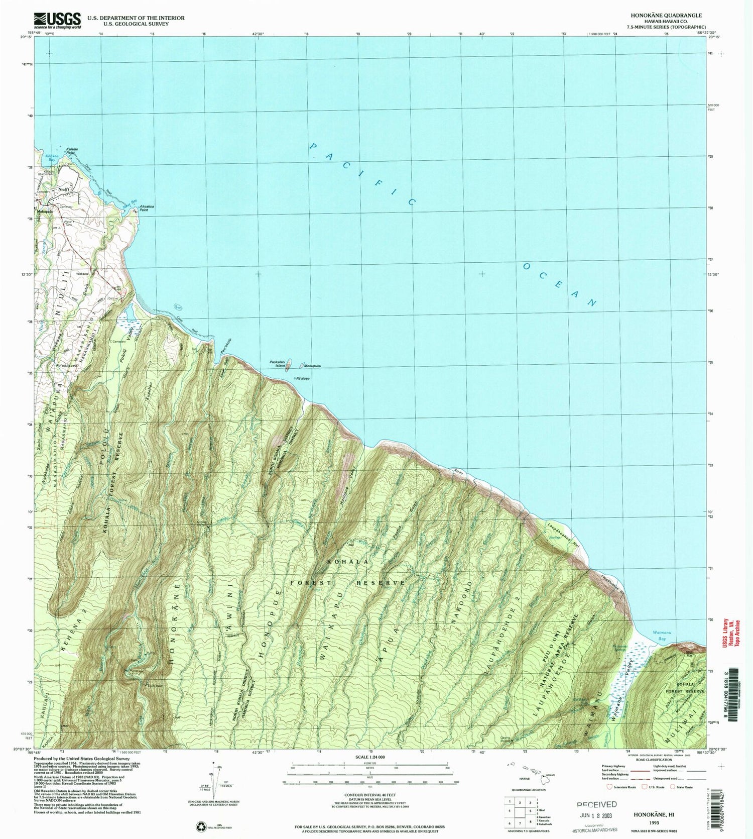 Classic USGS Honokane Hawaii 7.5'x7.5' Topo Map Image