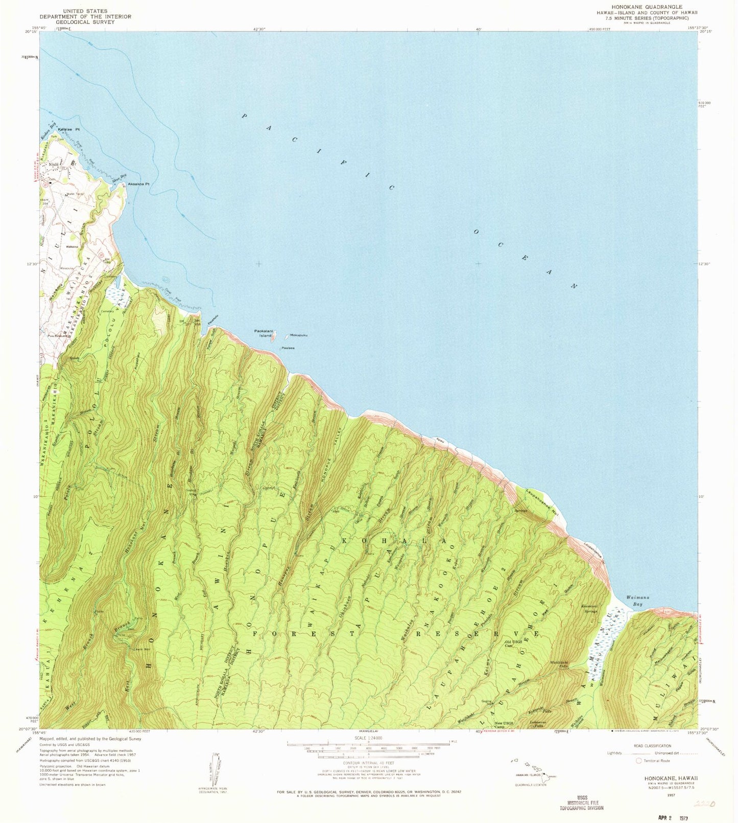 Classic USGS Honokane Hawaii 7.5'x7.5' Topo Map Image