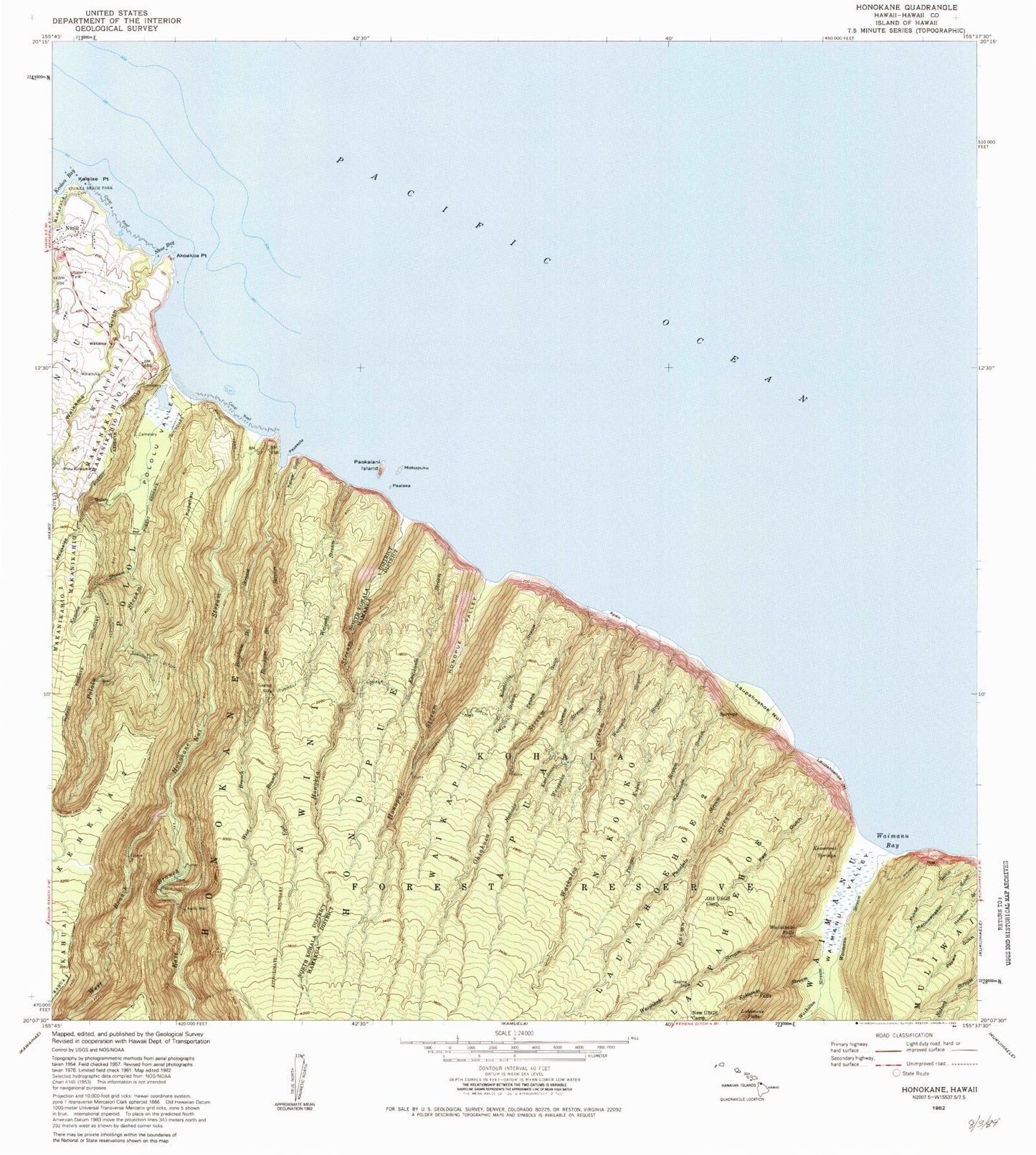 Classic USGS Honokane Hawaii 7.5'x7.5' Topo Map Image