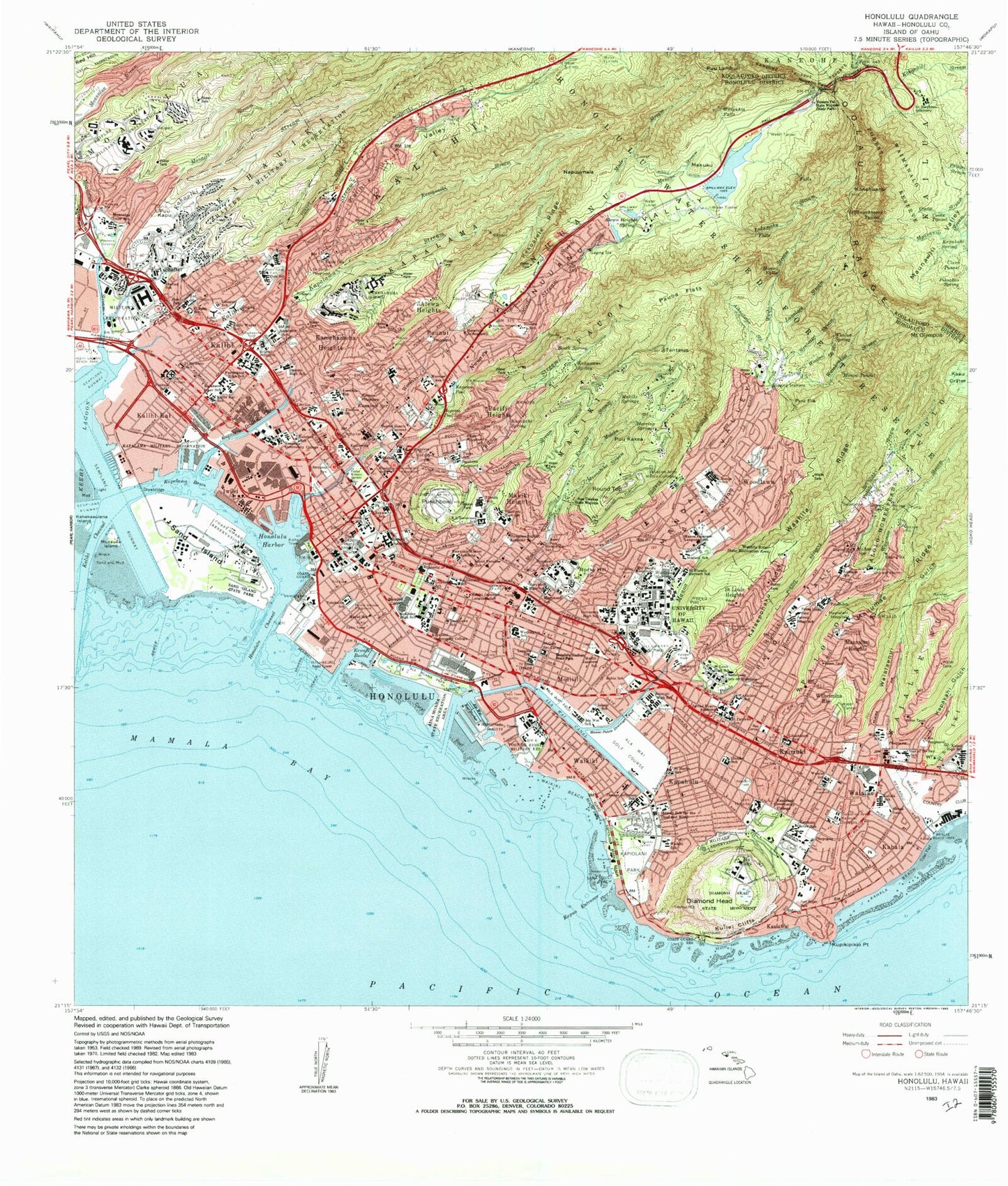 Classic USGS Honolulu Hawaii 7.5'x7.5' Topo Map Image