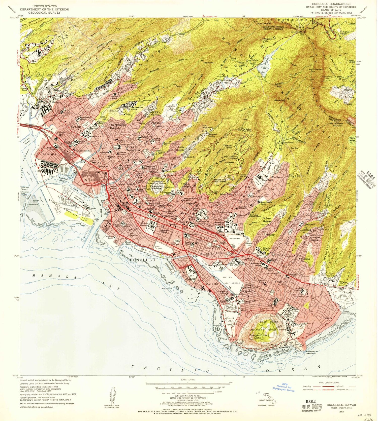 Classic USGS Honolulu Hawaii 7.5'x7.5' Topo Map Image